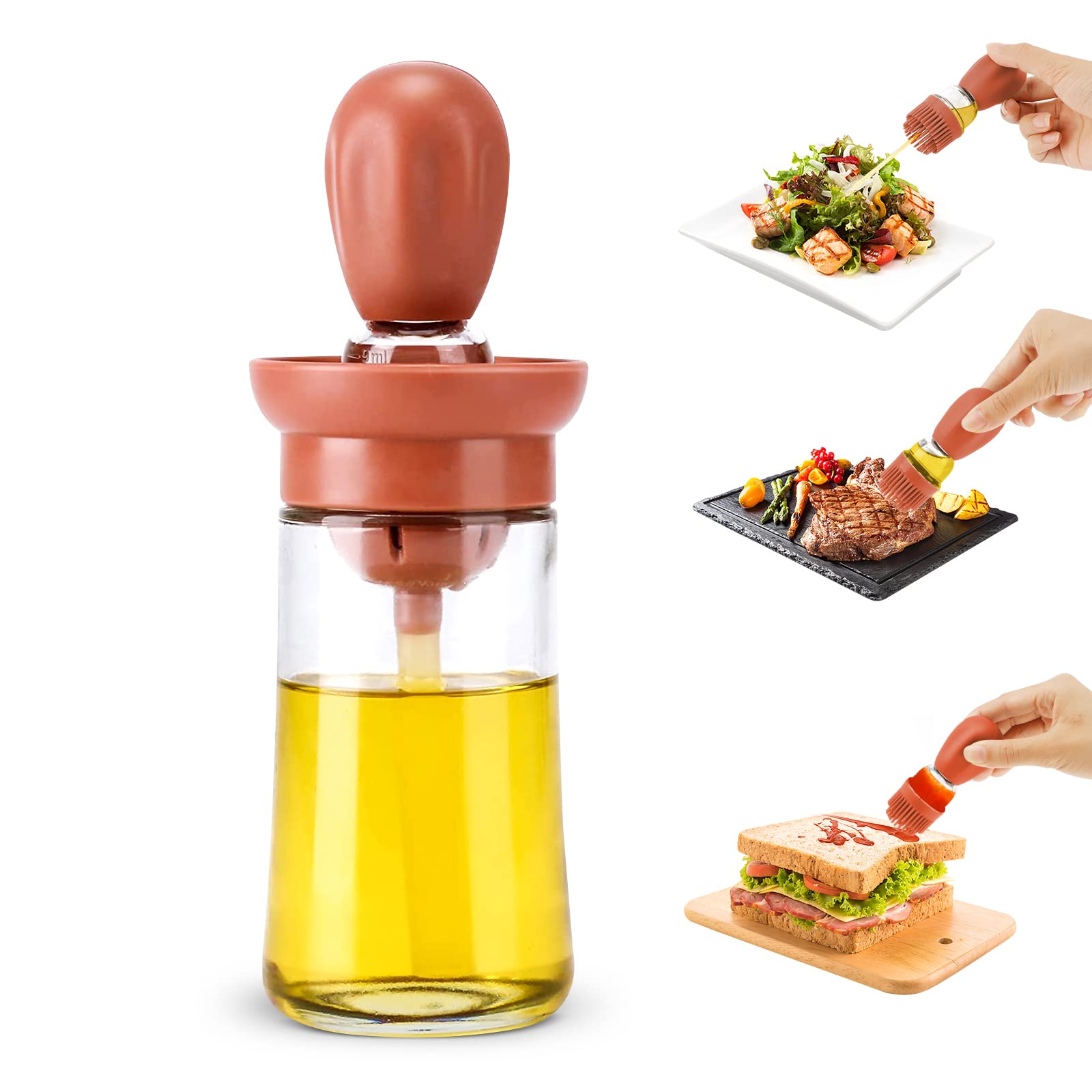 Premium Glass Olive Oil Dispenser with Silicone Brush - Kitchen Oil & Vinegar Bottle Set with Measuring Scale & Dropper - Perfect for Cooking, Baking, BBQ, Air Frying, Pancakes & Salad Dressing