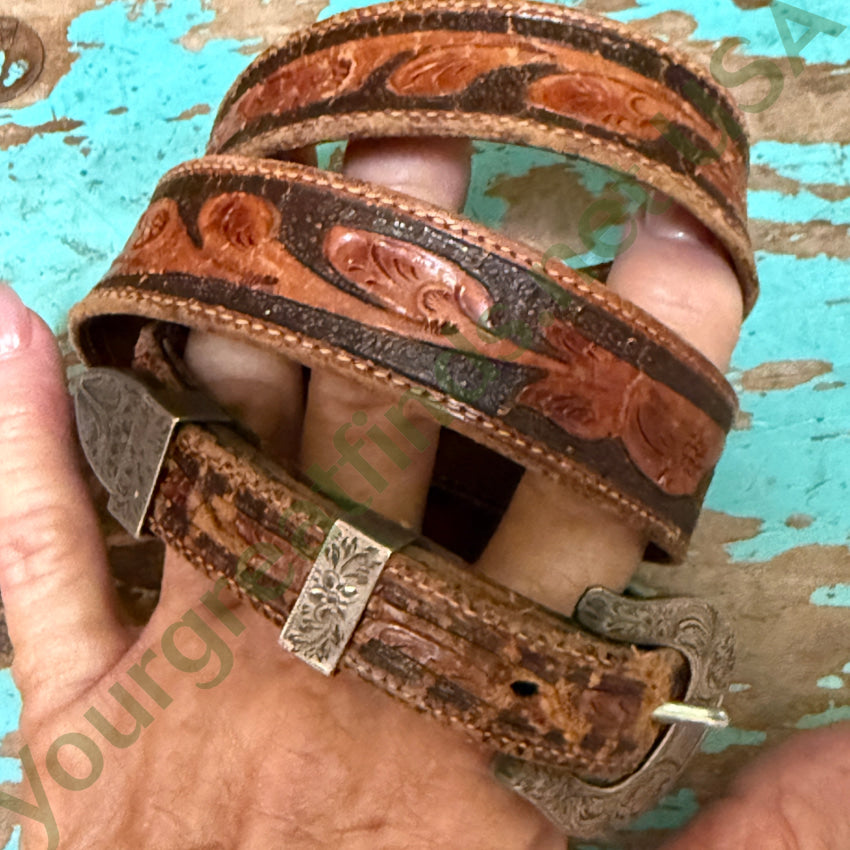 Vintage 4-Piece Sterling Silver McCabe Ranger Buckle Set on Stelzig Saddlery Belt - Western Style Accessory for Cowboy Boots, Jeans & Rodeo Outfits