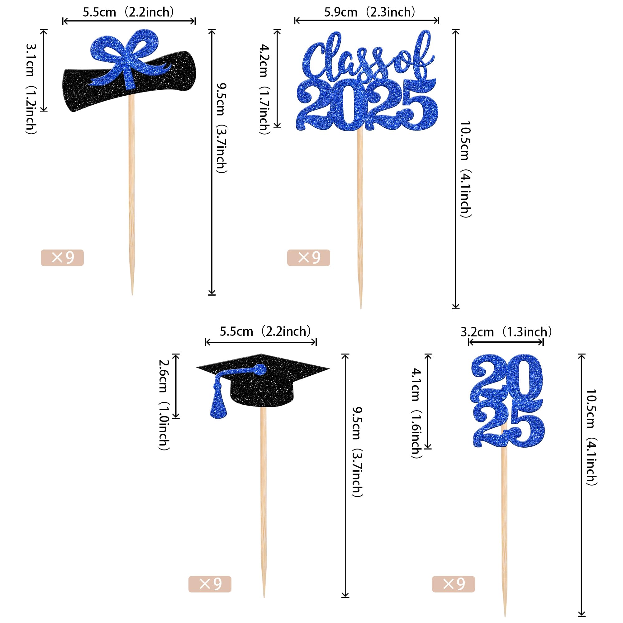 36 PCS Class of 2025 Graduation Cupcake Toppers - Glitter Graduation Cap & Diploma Cake Decorations - Deep Blue Party Supplies for Graduation Ceremony, School Party & Celebration Decor