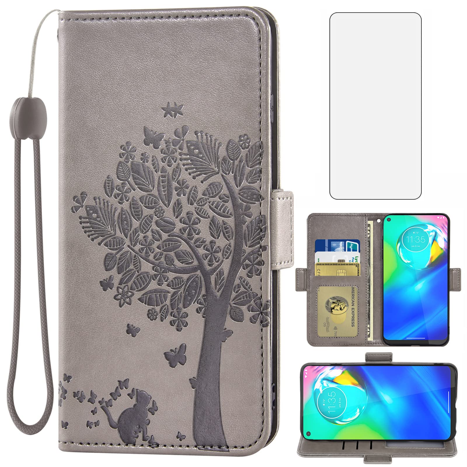 Asuwish Moto G Power 2020 Wallet Case with Screen Protector & Wrist Strap - Gray Phone Cover for Men & Women, Perfect for Daily Use & Travel