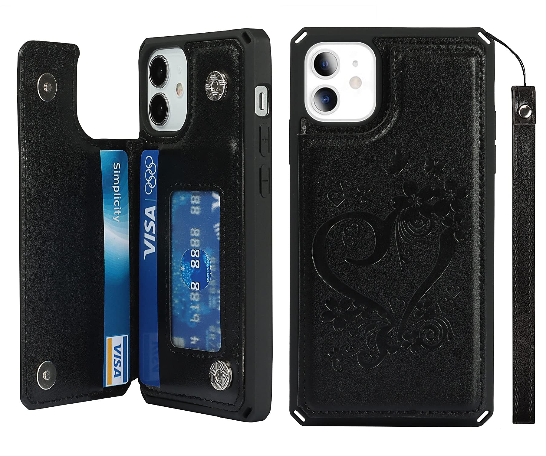 **iCoverCase iPhone 12 Mini Wallet Phone Case with Card Holder & RFID Blocking – Embossed PU Leather Wrist Strap for Women (5.4 Inch, Heart Black) – Perfect for Travel, Shopping & Everyday Use**