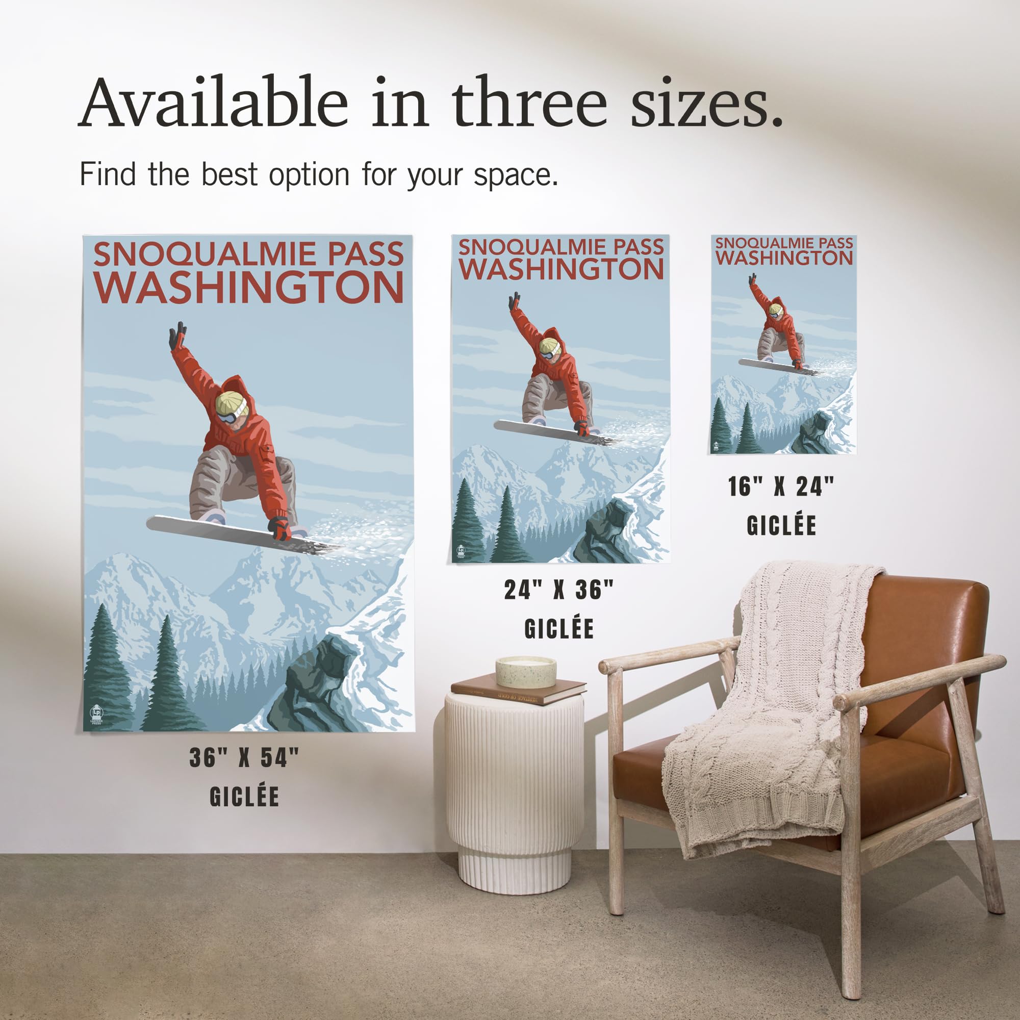 Lantern Press 16x24 Inch Giclee Art Print - Snowboarder Jumping at Snoqualmie Pass Washington | Mountain Sports Wall Decor for Ski Lodge, Cabin & Adventure Themed Rooms