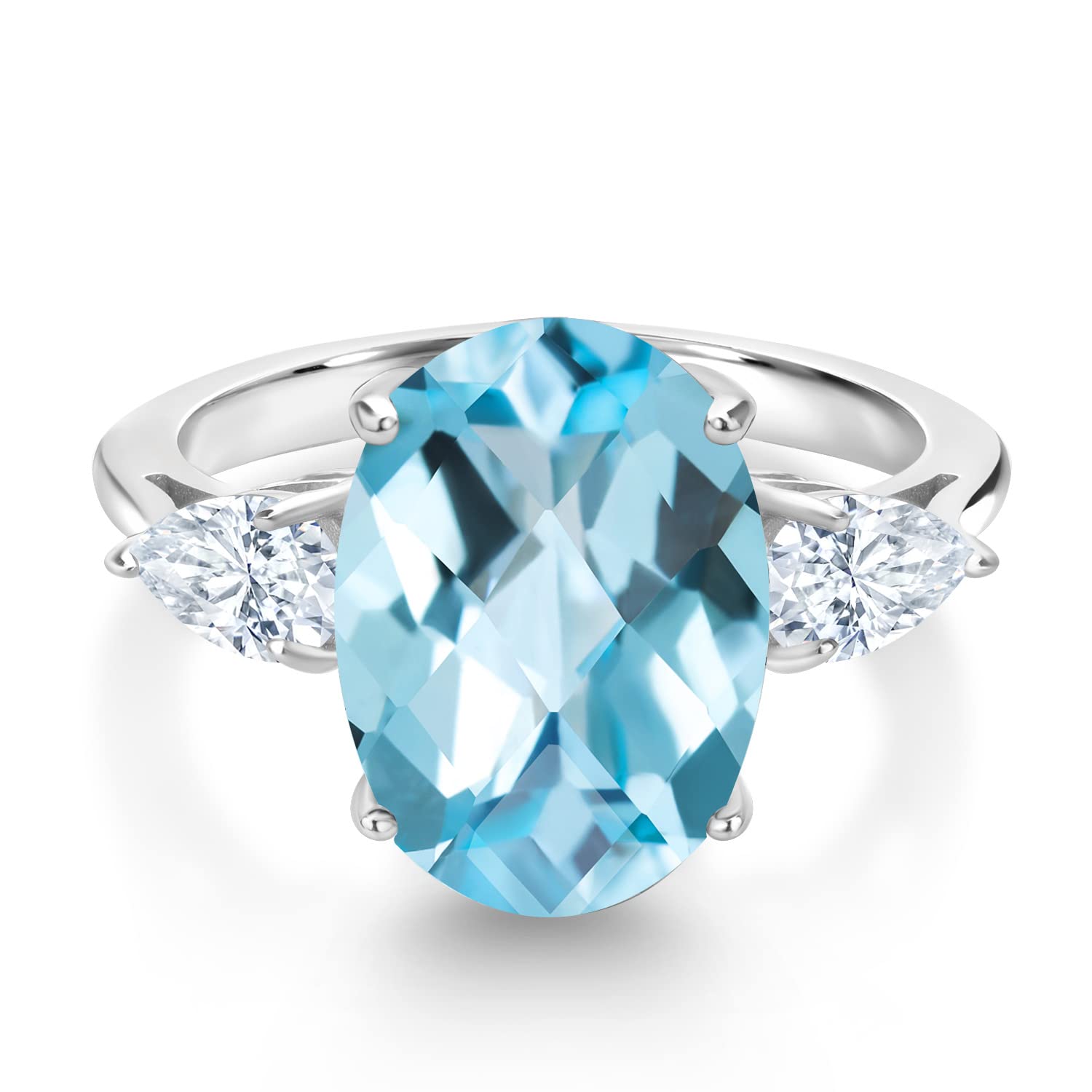 925 Sterling Silver Sky Blue Topaz & White Moissanite 3-Stone Women's Ring (8.00 CTTW, Size 5-9) | Gemstone Birthstone Jewelry for Anniversary, Engagement & Gift Giving