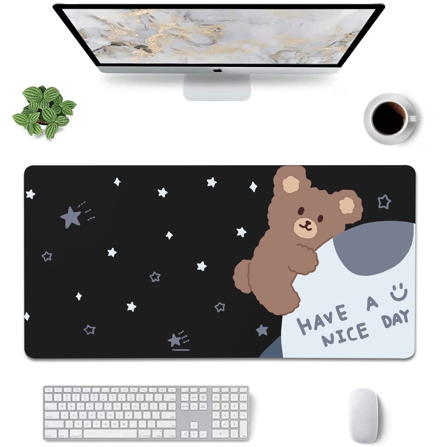 Cartoon Brown Bear Cosmic Starry Sky Mouse Pad & Desk Mat - 23.6''x11.8'' Black Office Writing Surface for Men & Boys - Home & Office Workstation Accessory for Gaming, Studying, and Computer Use