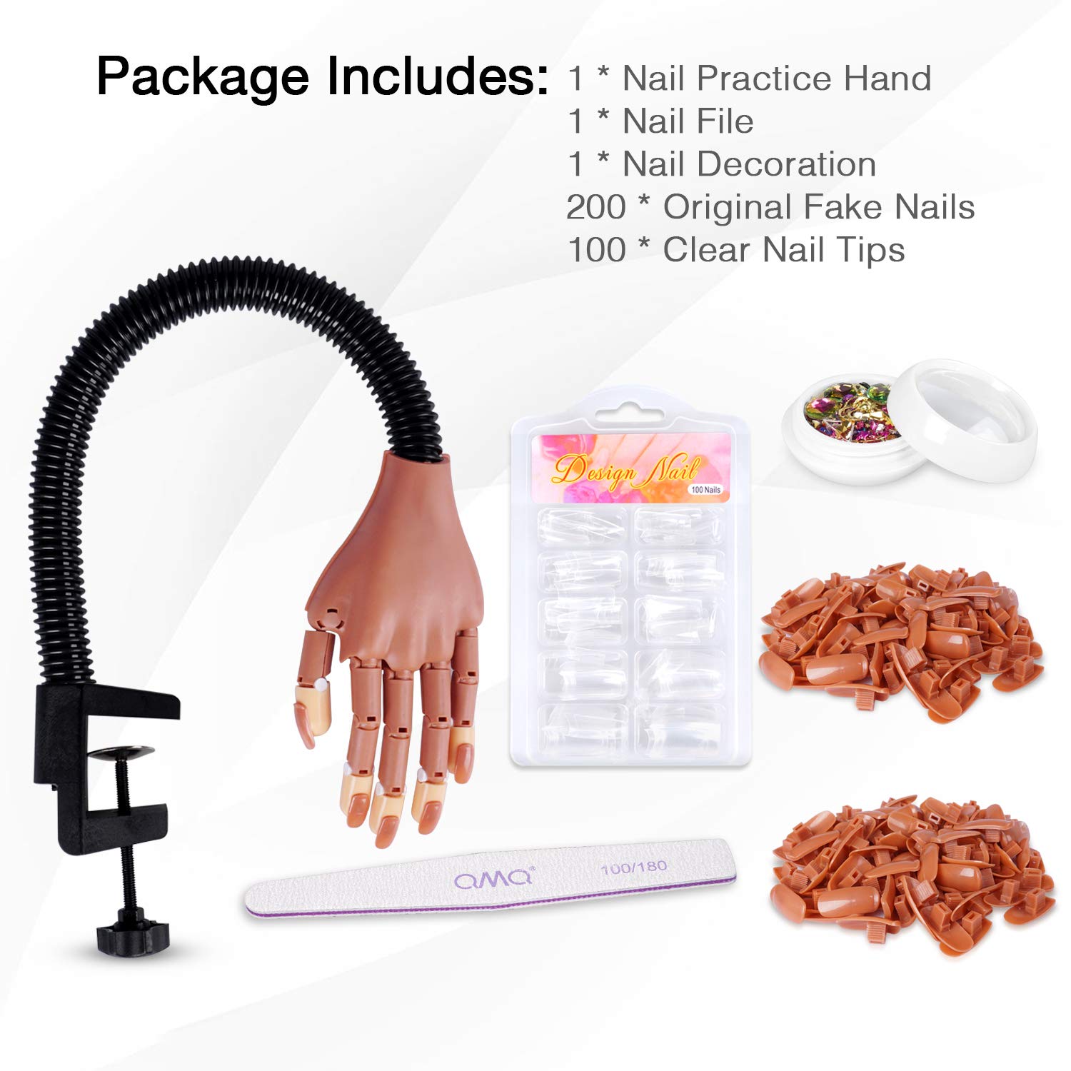 HoMove Flexible Nail Practice Hand - Professional Acrylic Nail Training Mannequin with 300 False Nail Tips & File Kit - Perfect for DIY Manicure, Nail Art Practice & Salon Training at Home