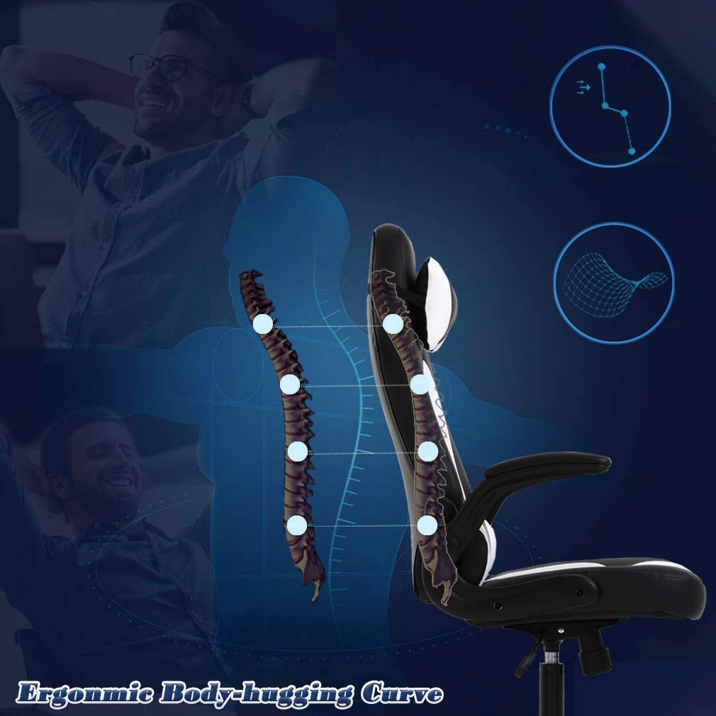 Premium Ergonomic Gaming Chair - Adjustable Racing Style PC Computer Office Chair with Lumbar Support & Flip-Up Armrests - High Back Swivel Rolling Task Chair for Men & Women - Perfect for Gaming, Work & Home Office (White)