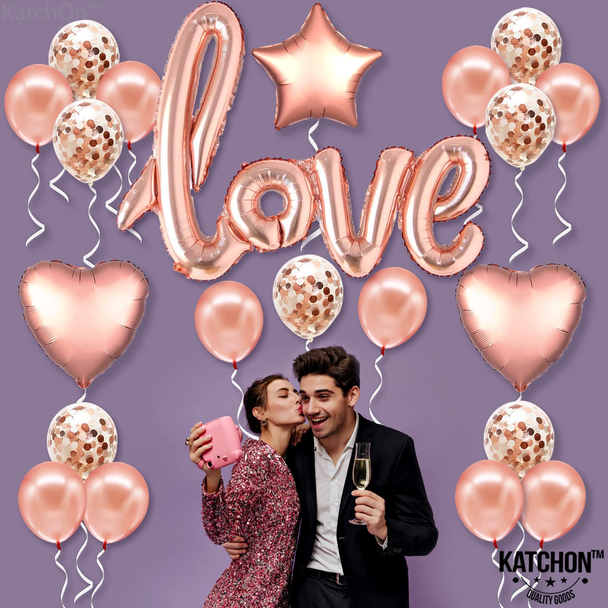 KatchOn 36 Inch Rose Gold Love Balloon Letters Set - Pack of 21, Blush Pink Foil Balloons with Confetti for Engagement, Anniversary & Wedding Decorations | Romantic Party Backdrop, Photo Booth Props, Valentine's Day Celebration
