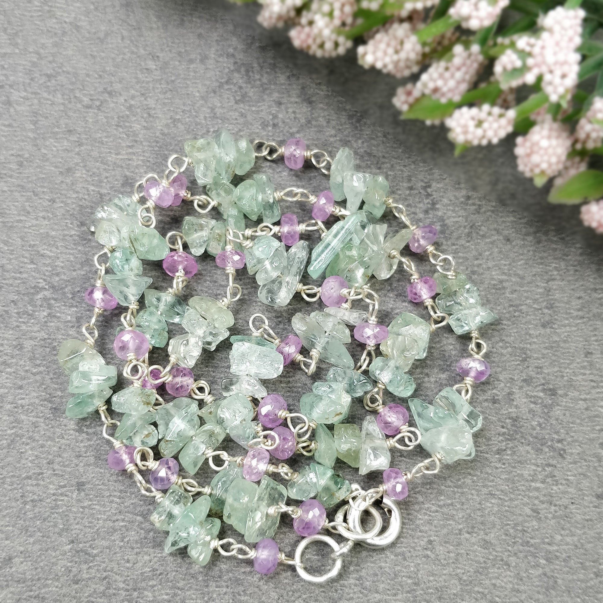 925 Sterling Silver Emerald & Pink Sapphire Gemstone Beaded Chain Necklace – Natural Uncut 18
