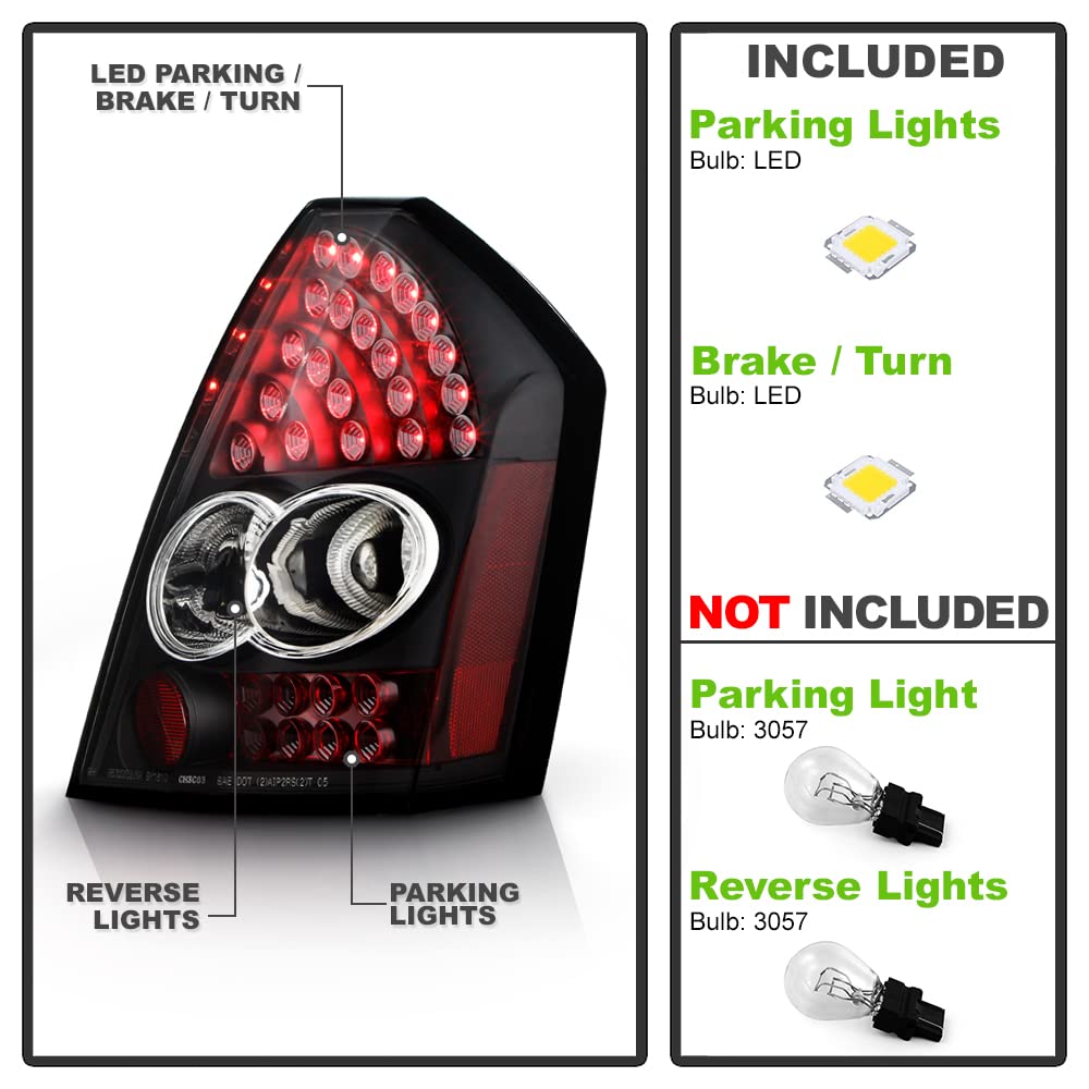 ACANII Black LED Tail Lights Brake Lamps Replacement for 2005-2007 Chrysler 300 (Excluding 300C) - Driver & Passenger Side - Enhance Night Visibility & Safety for Street Driving