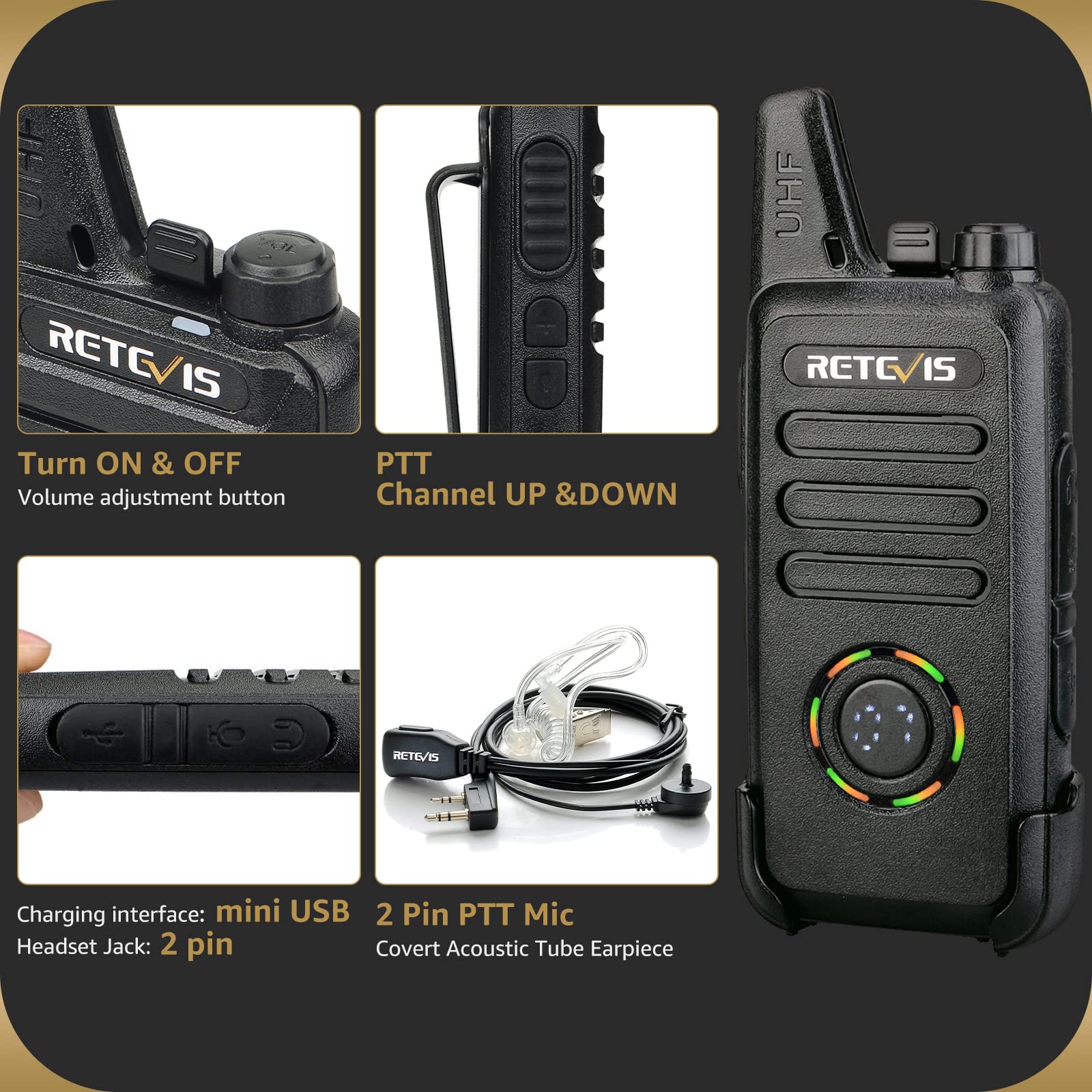 Retevis RT22S Rechargeable Long Range Walkie Talkies - 2 Way Radios with Earpiece & Mic Set, LCD Channel Display, Signal Prompt, Handsfree Portable Two-Way Radio (6 Pack) & 6-Port Multi Charger - Perfect for Construction Sites, Warehouse Operations, Outdoor Adventures and Event Coordination