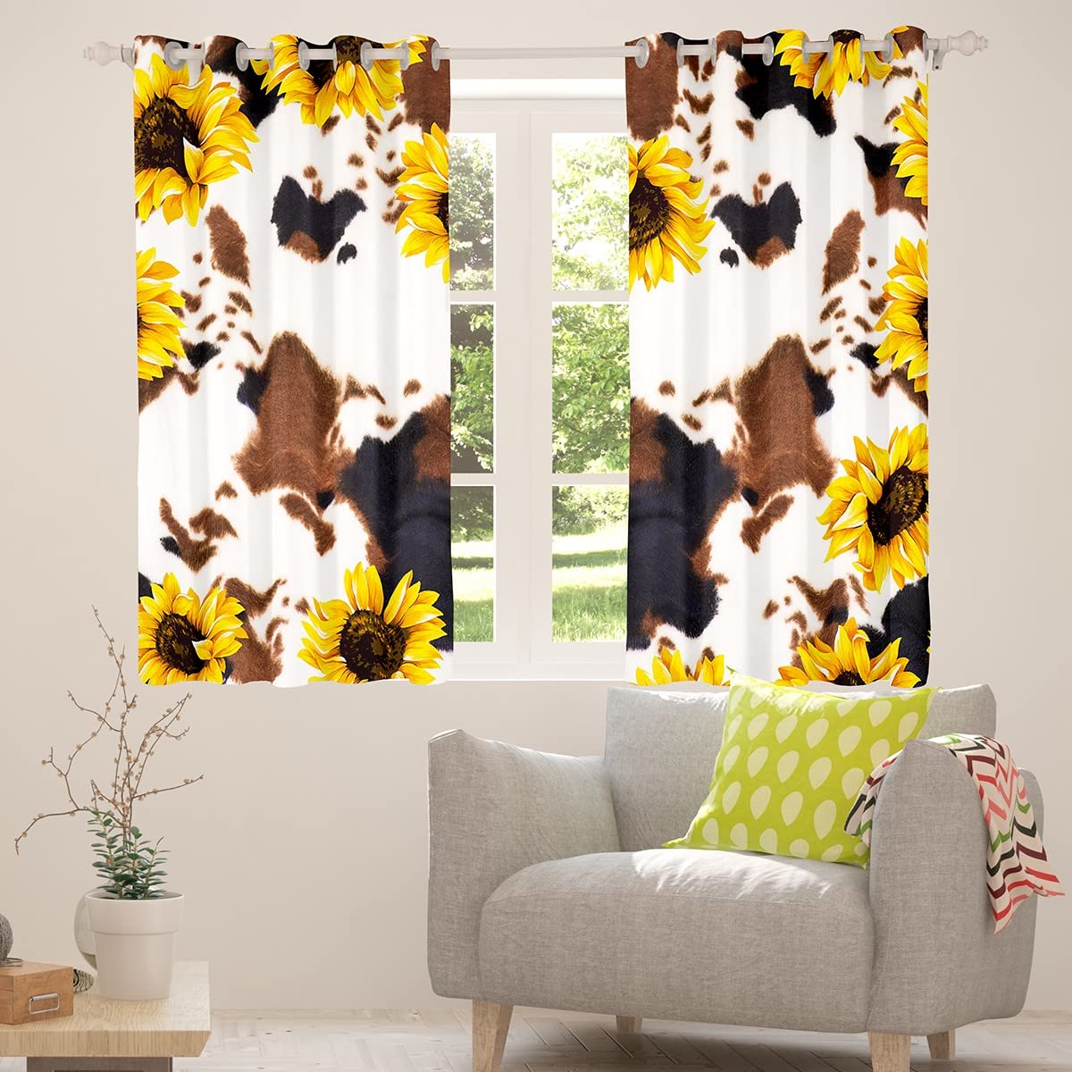 Cow Print Window Curtains 42x63 Inch - White Brown Black Cowhide Sunflower Design, Machine Washable, Western Animal Theme for Bedroom Decor | Perfect for Farmhouse, Boho, and Kids' Room Aesthetic