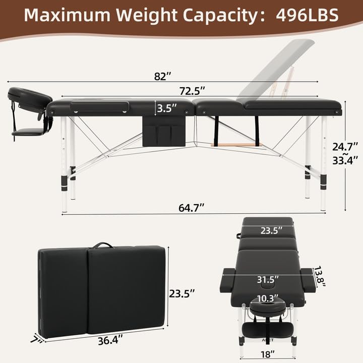 **ABET 3-Fold Portable Massage Table - Adjustable Height Spa Facial Bed with Face Cradle, Detachable Armrest & Carrying Bag - Aluminum Frame for Tattoo, Lash & Beauty Treatments - Perfect for Salons, Spas & Home Use**