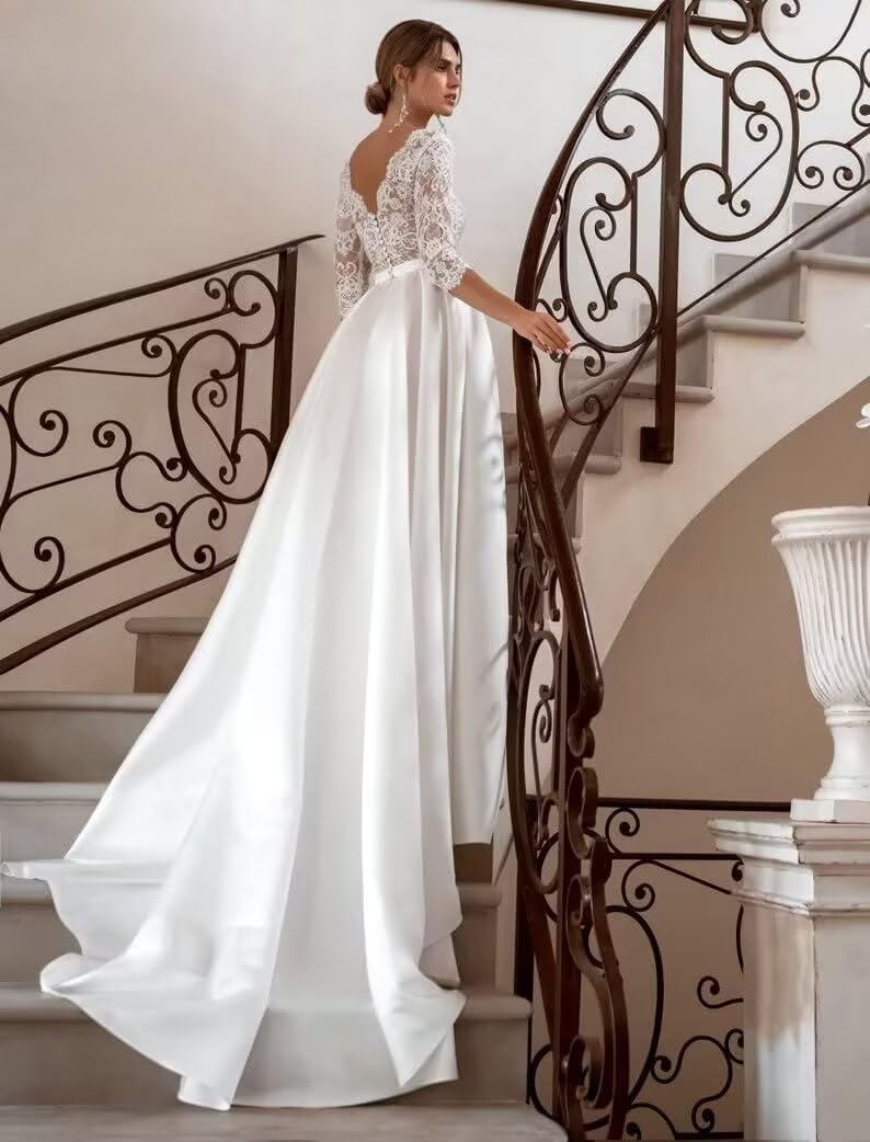 Elegant 2024 Satin Long Sleeve A-Line Wedding Dress with Lace Applique for Brides - Perfect for Church Ceremonies, Beach Weddings & Formal Receptions