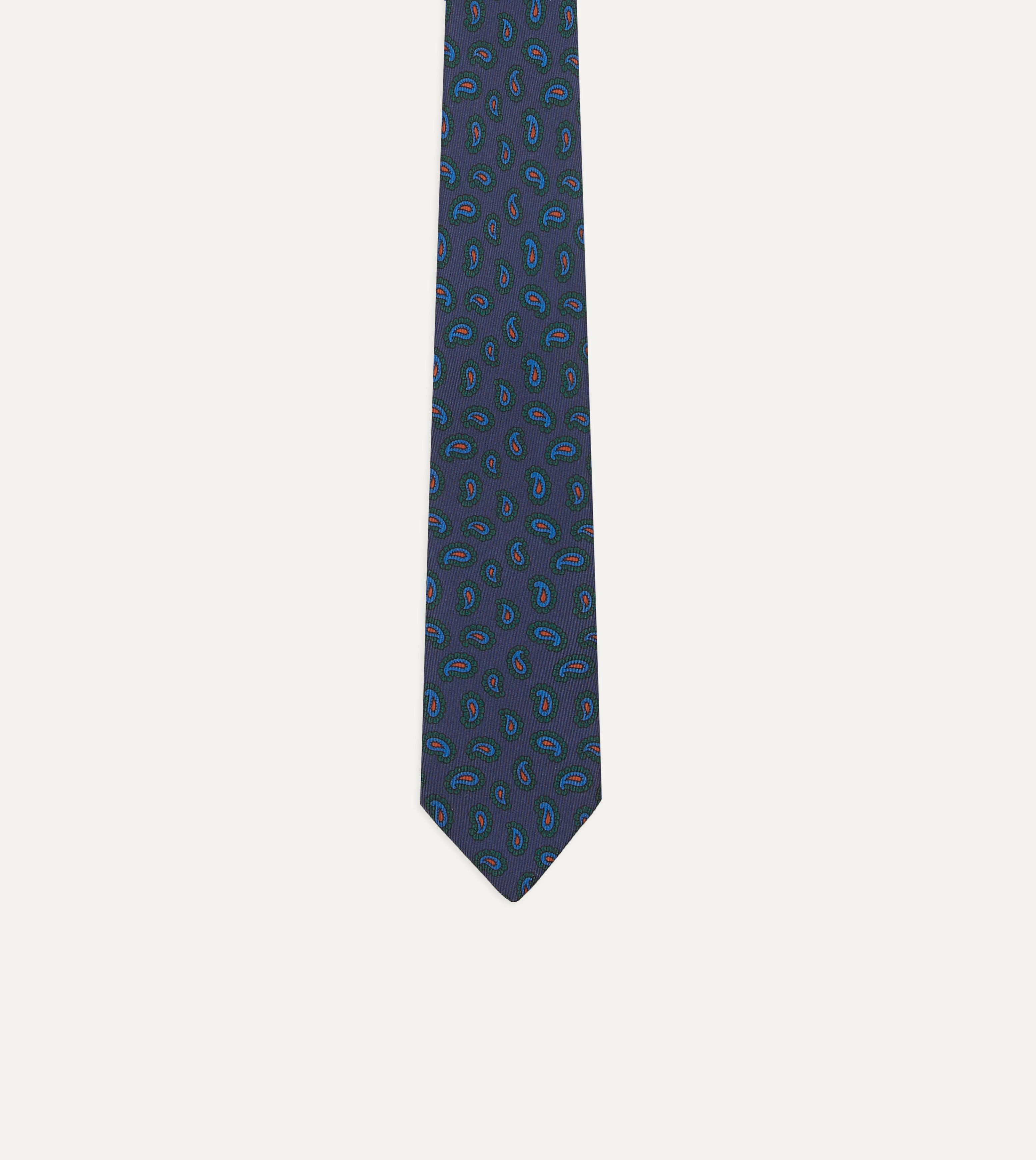 Navy and Green Paisley Leaf Print Silk Self-Tipped Necktie for Men - Elegant Formal Wear for Weddings, Business Meetings & Special Occasions