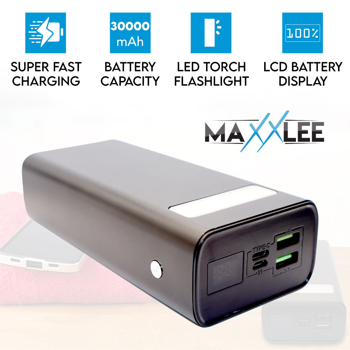 Maxxlee 30000mAh Power Bank with Super Fast Charging, Dual USB Ports & Built-in LED Flashlight - Portable External Battery Pack for Camping, Travel, and Emergency Power Outages