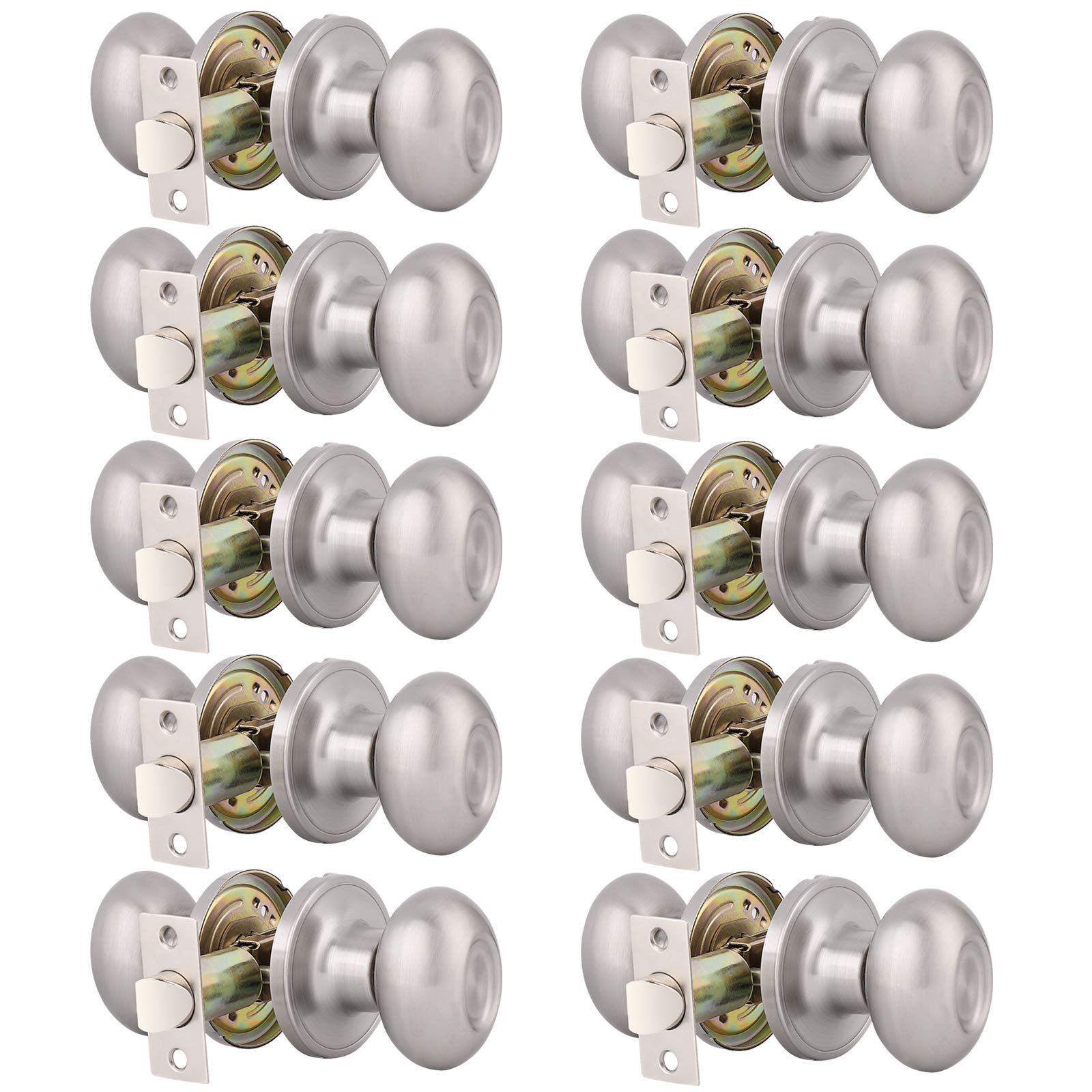 Gobiro 10-Pack Satin Nickel Passage Door Knobs - Hall Closet & Interior Door Handles - Durable Egg Knob Design for Bedroom, Bathroom & Office Doors