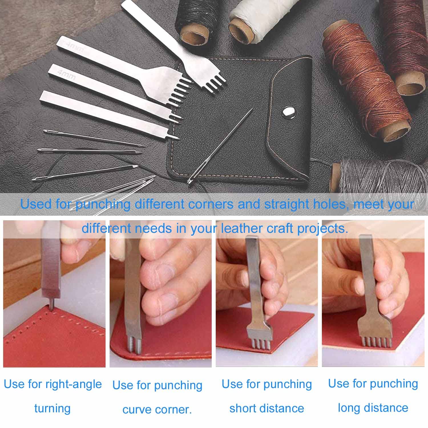 JONMON 4mm Diamond Hole Lacing Chisel Set - 1/2/4/6 Prong Leather Punch Tool with Rhombus Teeth for Leathercraft, DIY Stitching, Bag Making, Shoe Repair & Wallet Crafting - 4Pcs Leather Sewing Supplies