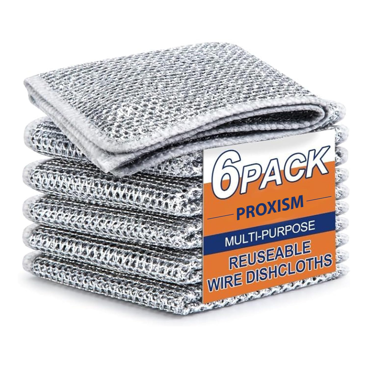 PROXISM Non-Scratch Dish Washing Cloth (6-Pack) - Stainless Steel Wire Scrubber for Wet & Dry Cleaning - Gentle on Cookware & Pans - Perfect for Kitchen, Camping & RV Use