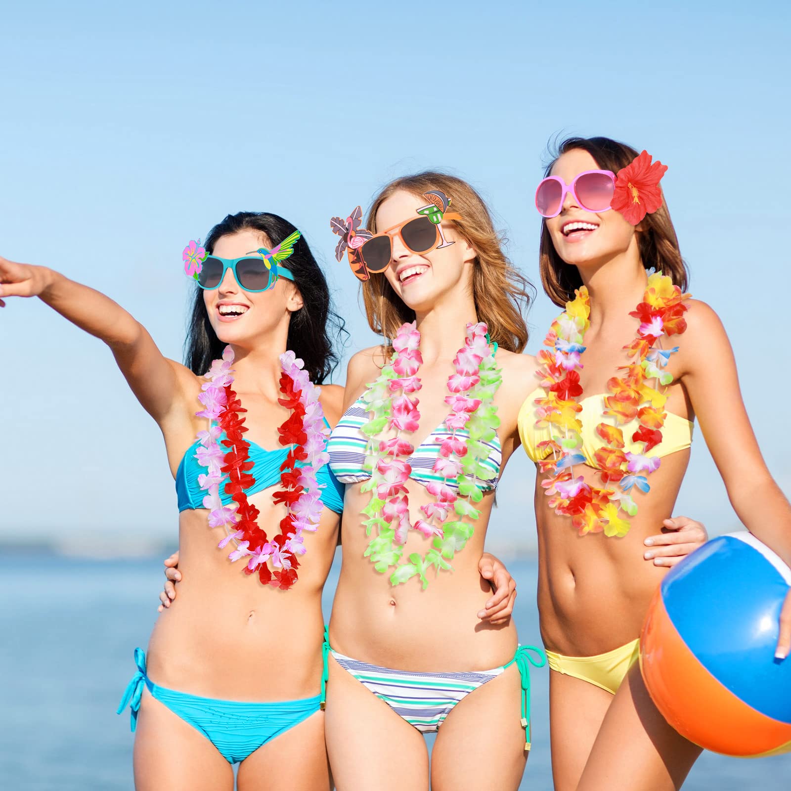 16 Pcs Hawaiian Party Decorations - Tropical Luau Sunglasses & Leis Set for Beach Themed Birthday, Summer Pool Party, and Hawaiian Luau Decorations