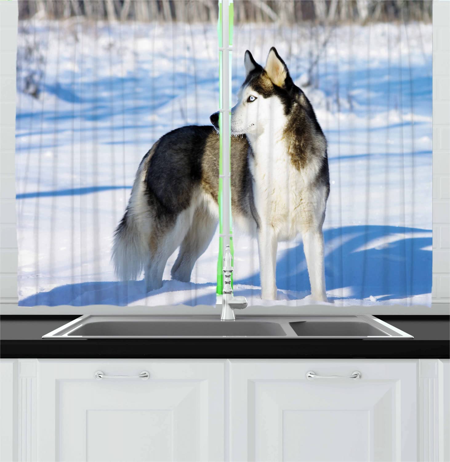 Ambesonne Alaskan Malamute Dog Print Kitchen Curtains - 2 Panels Set with Rod Pocket, 55
