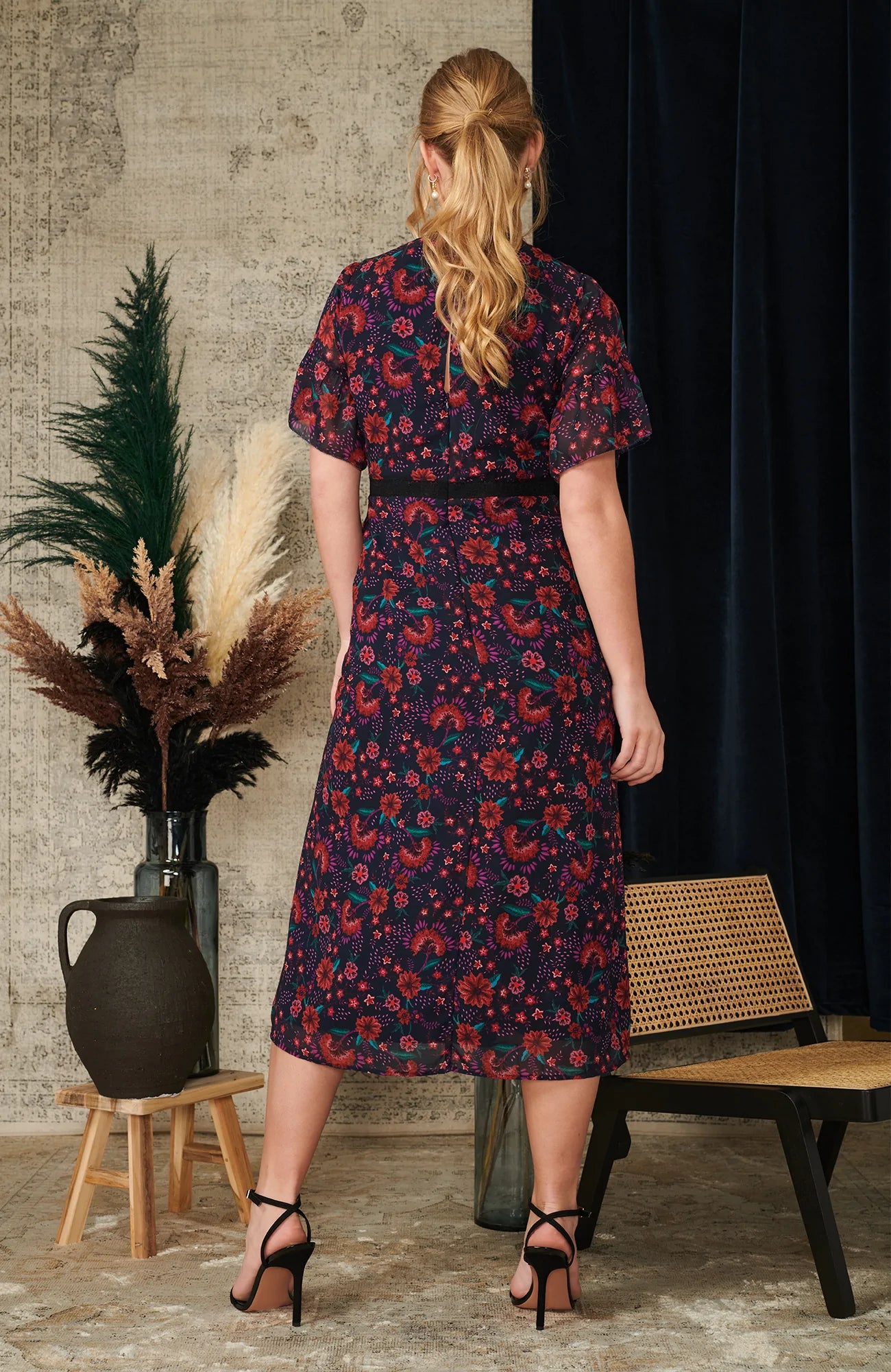 Enya Plunge Front Midi Tea Dress - Navy Blue Floral Summer Dress for Women, Perfect for Garden Party, Wedding Guest & Vacation