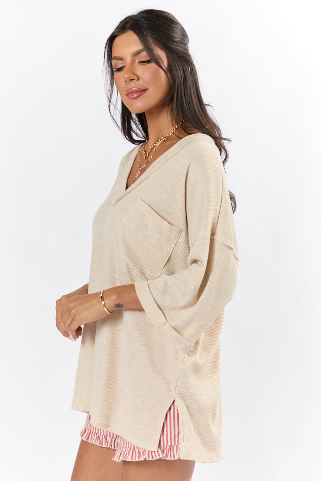 It's Our Time Oatmeal Oversized Pocketed Waffle Tee - Soft & Comfortable Women's T-Shirt - Casual Loungewear for Everyday Wear