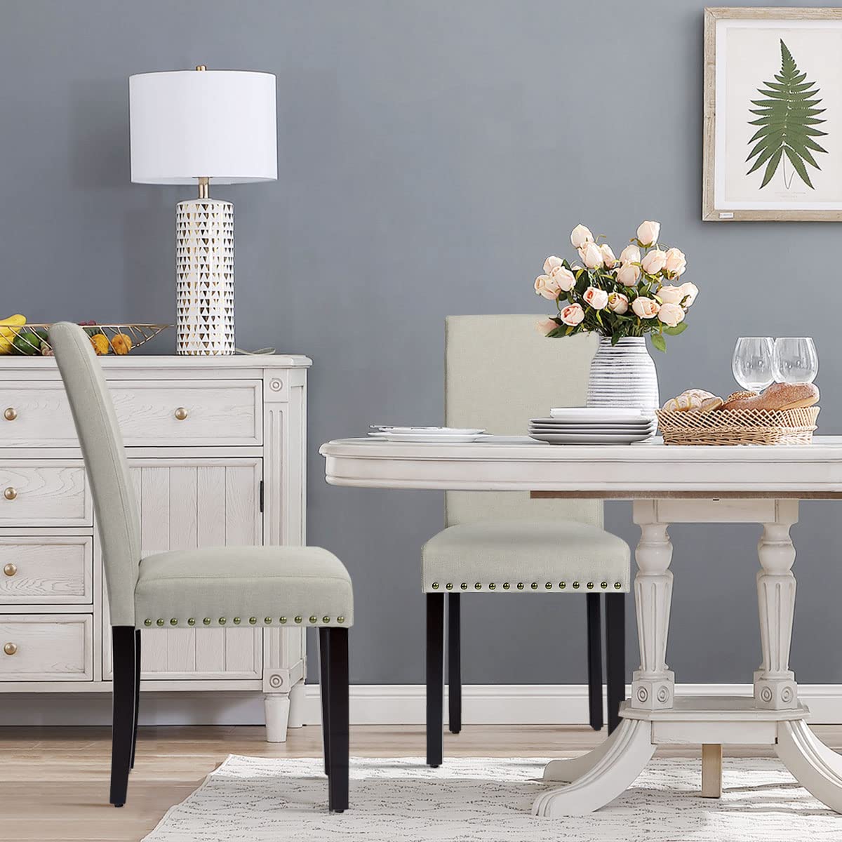 4 Pack KOTEK Upholstered Armless Dining Chairs - Modern Rubber Wood Legs with Nailhead Trim, High Back Parsons Chairs for Kitchen, Dining Room & Living Room - Beige - Perfect for Family Gatherings, Dinner Parties & Home Decor