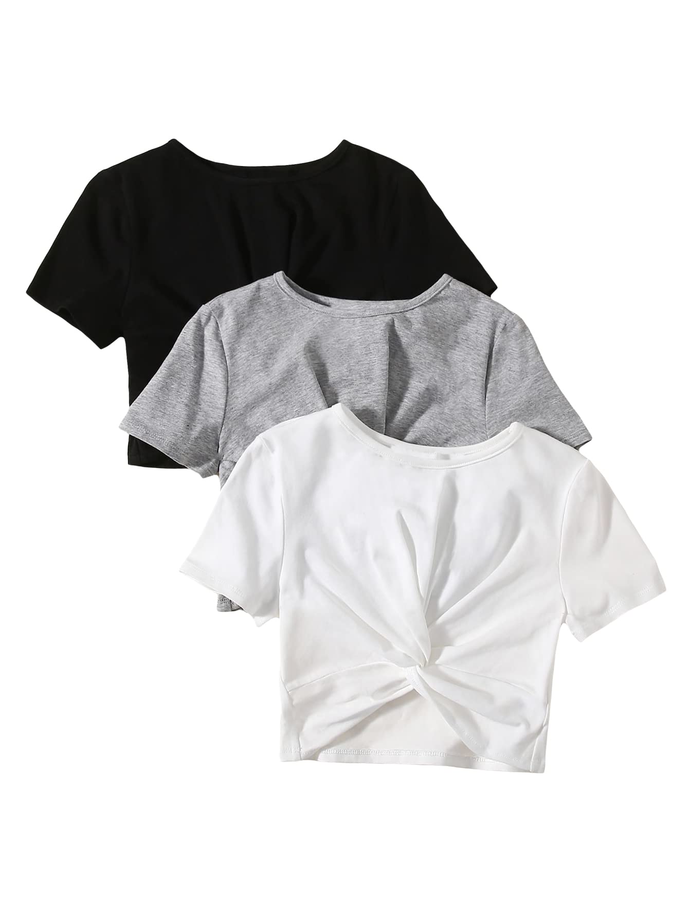 SHENHE Girls 3-Piece Twist Front Short Sleeve Crop Top Set | Trendy Crewneck T-Shirts for Teens | Perfect for Summer Outfits, Beach Vacations & Casual Wear