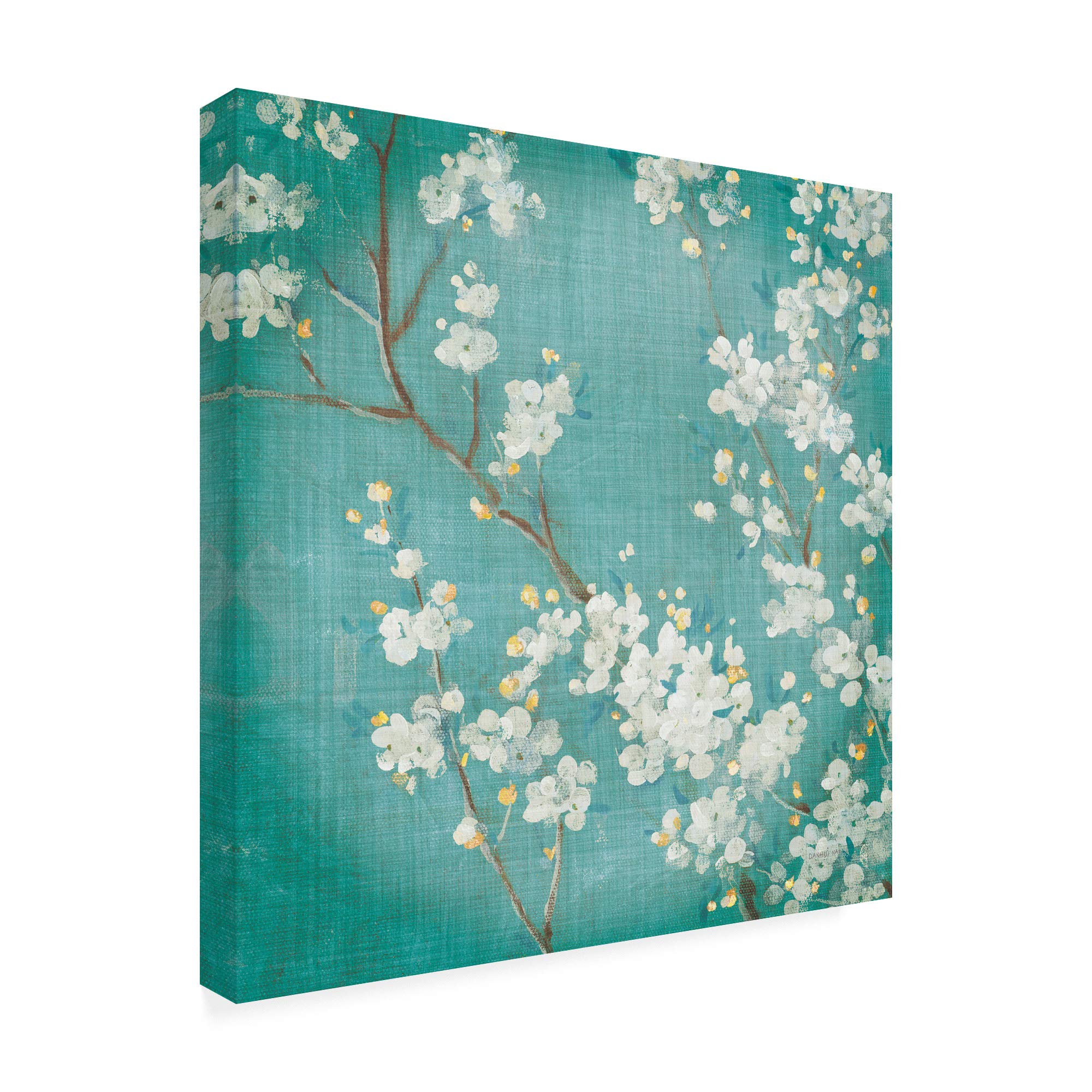 Danhui NAI White Cherry Blossoms II on Blue Aged Canvas Art Print - 35x35 Inch Modern Floral Wall Decor for Living Room, Bedroom & Office | Trademark Fine Art Collection