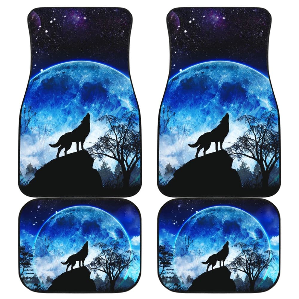 Premium Blue Full Moon Wolf Howling Car Floor Mats - Non-Slip, Custom Fit for Most Vehicles - Perfect Gift for Nature Lovers & Car Enthusiasts - Great for Road Trips, Camping & Outdoor Adventures