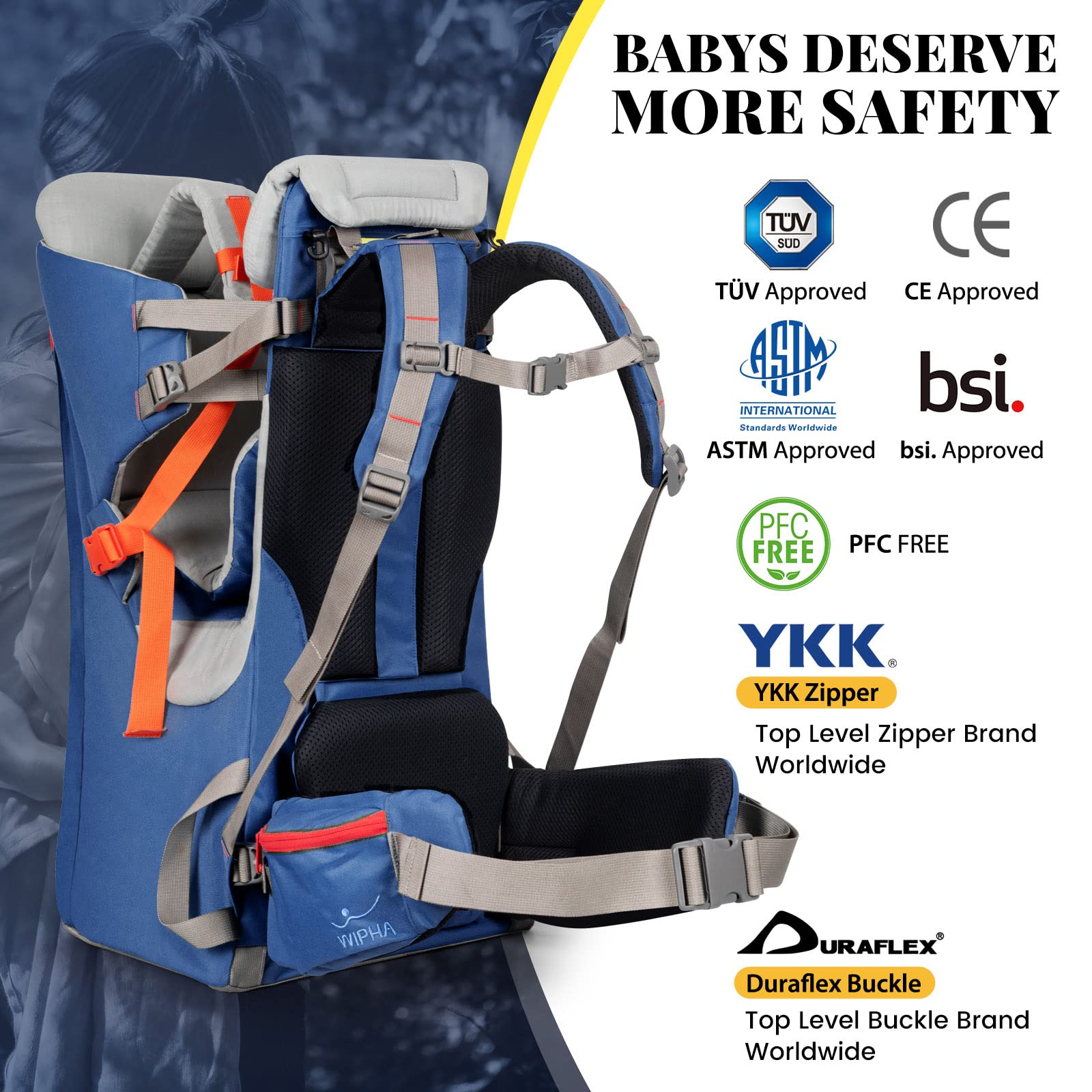 WIPHA Ergonomic Baby Backpack Carrier for Hiking & Travel with Sun Canopy - Adjustable Padded Child Seat, Large Storage & Insulated Pocket - Navy Blue - Perfect for Outdoor Adventures, Family Trips & Daily Walks