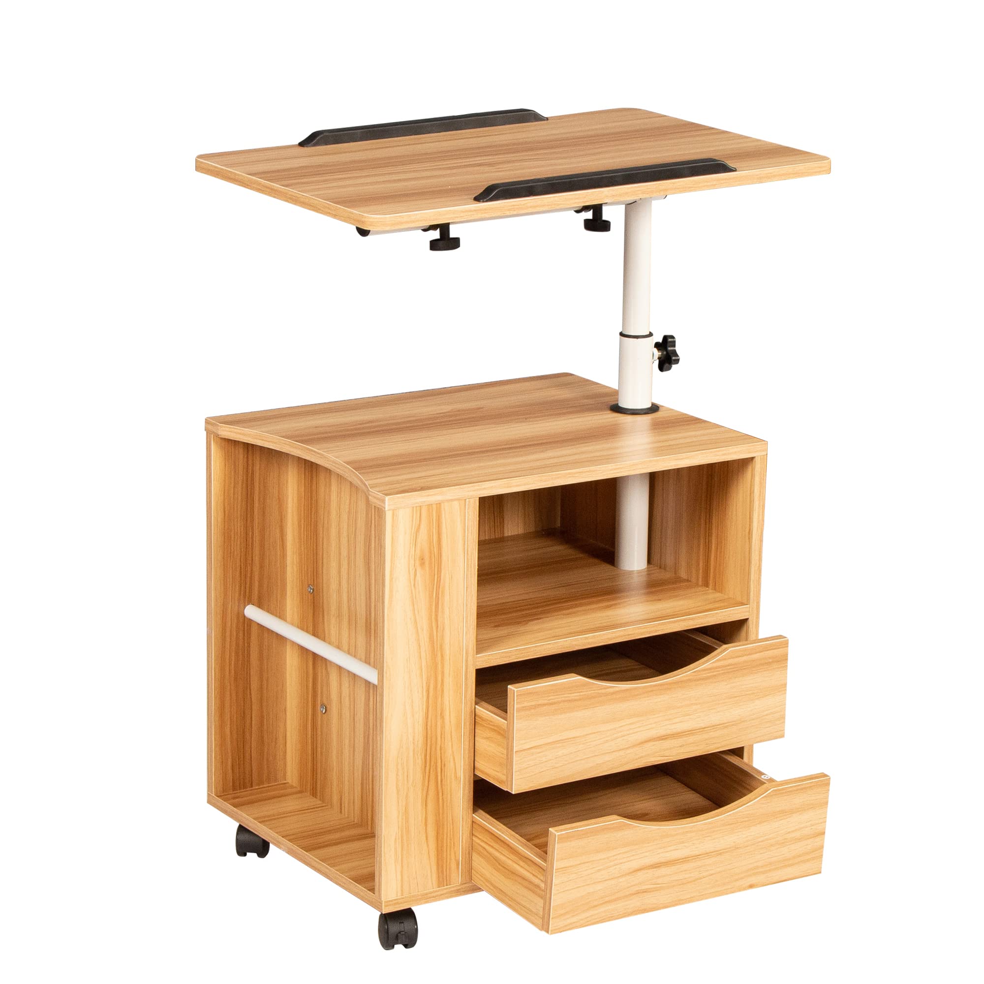 Swivel Top Nightstand End Table with 2 Drawers & 4 Wheels - Portable Rolling Bedside Table, Couch Laptop Desk for Bedroom & Living Room (Natural Wood Finish) - Perfect for Small Spaces, Home Office & Dorm Rooms