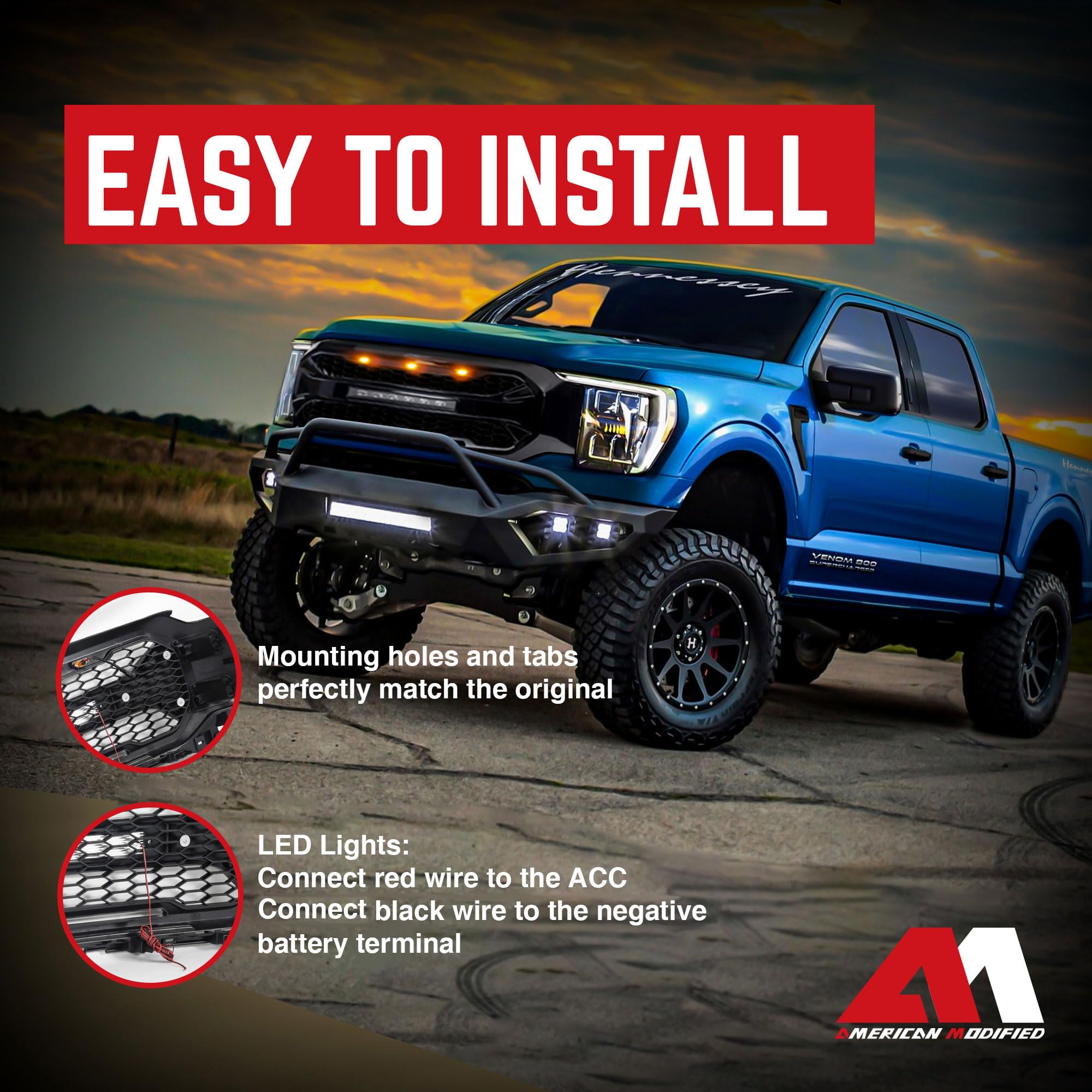 2021-2023 Ford F150 Aggressive Style Front Armor Grille with Off-Road LED Lights - Glossy Black | Heavy-Duty Protection & Enhanced Style for Off-Roading & Truck Customization