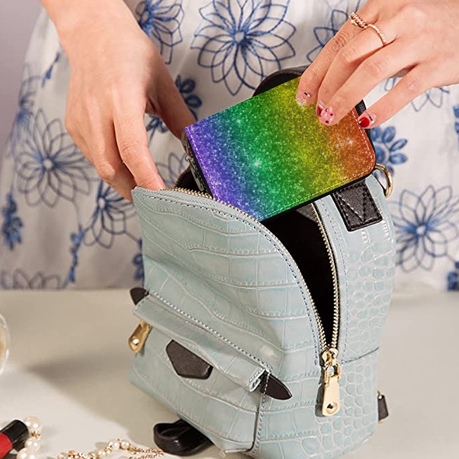 Stylish RFID Blocking Glitter Rainbow Leather Card Holder - Compact Women's Wallet with Key Organizer & Zipper Pouch for Credit Cards, Coins & Change | Perfect for Everyday Use, Travel & Gift Giving