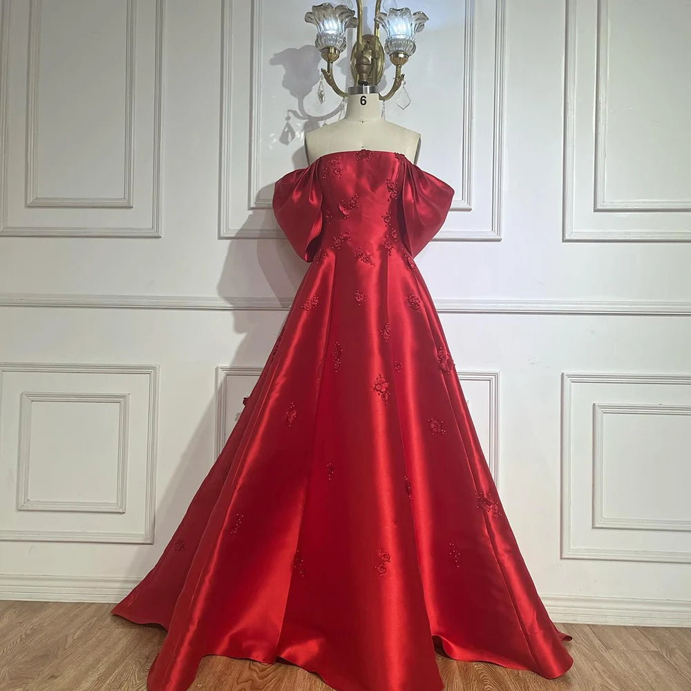 Elegant Off Shoulder Wine Red A-Line Evening Dress with Appliques - Luxury Dubai & Saudi Arabian Style Formal Gown LA72778 for Prom, Wedding & Special Occasions