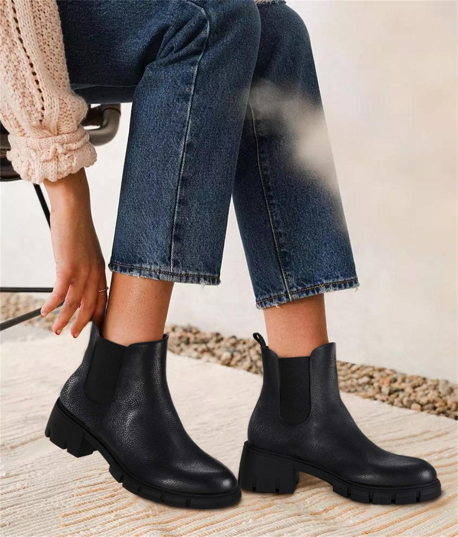 GitHubafuil Women's Chelsea Boots - Fashion Platform Chunky Block Heel Slip-On Combat Ankle Booties for Casual Outfits, Work & Winter Style