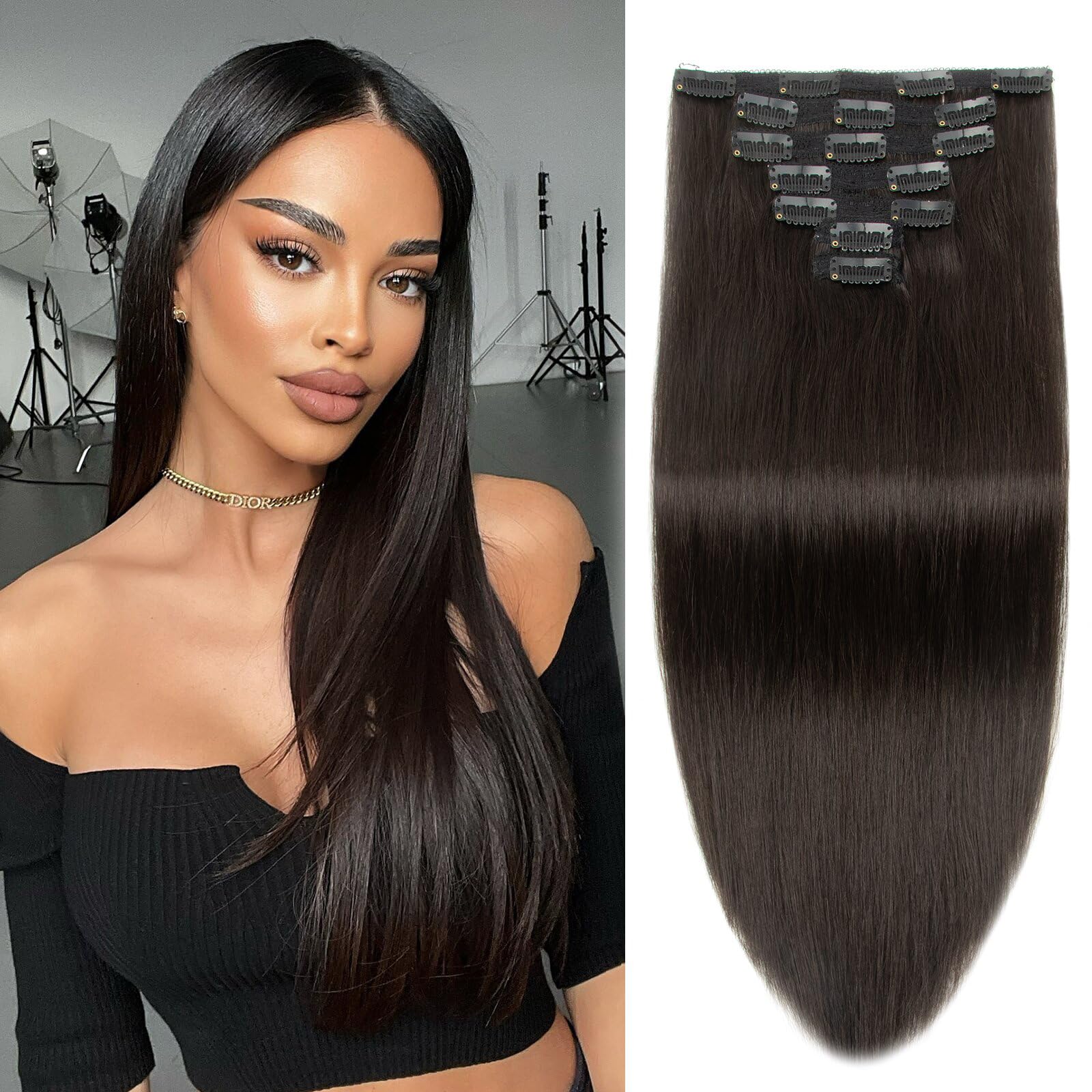 Premium 22 Inch Natural Black Clip-in Hair Extensions - 7pcs 120g Real Human Hair with 16 Clips | Double Weft Remy Human Hair for Women | Perfect for Volume, Length & Styling for Parties, Weddings & Daily Wear