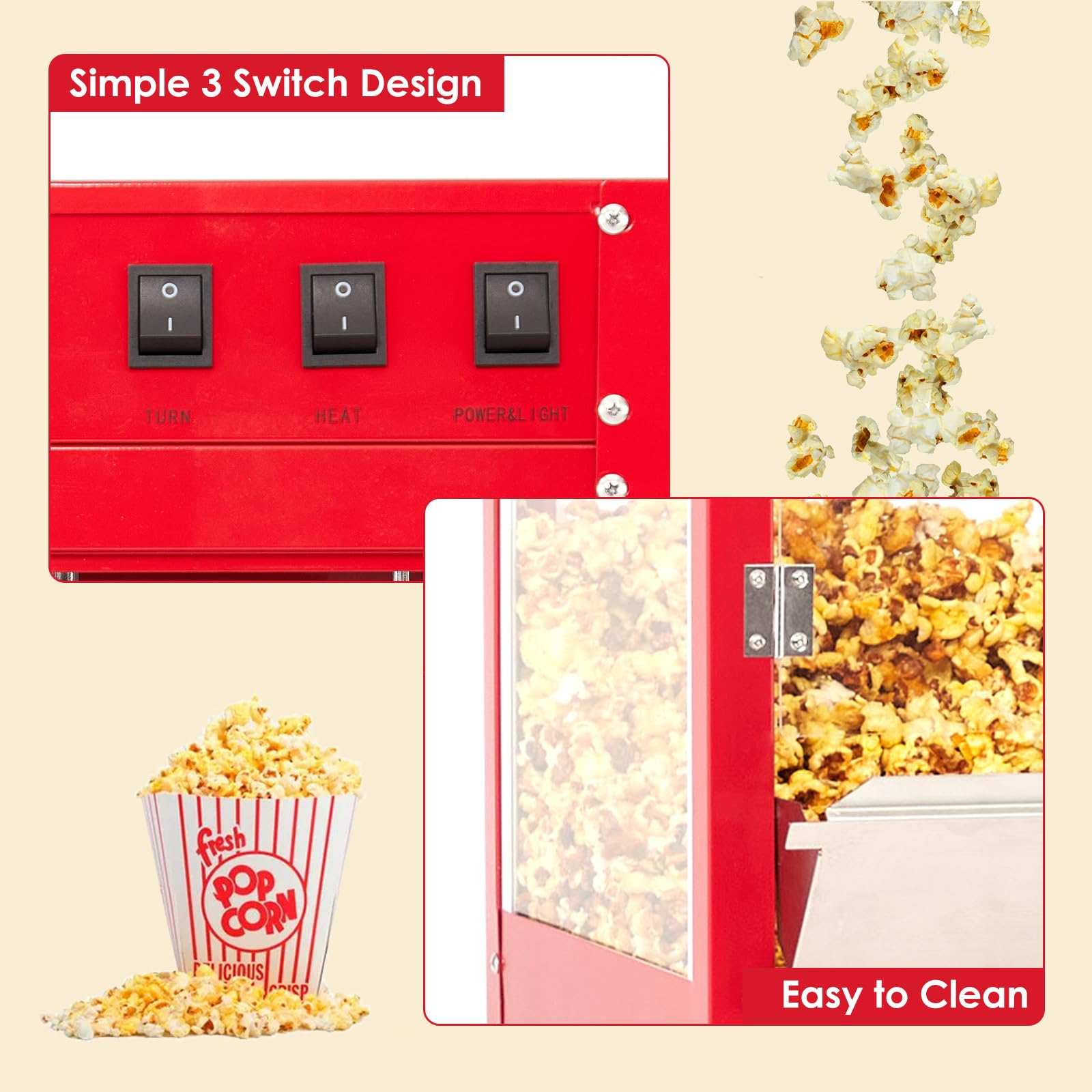 Commercial Popcorn Machine with Cart & 10 Oz Kettle - Makes 64 Cups, 3-Switch Control, Theater Style Popper for Movie Nights, Parties & Concessions