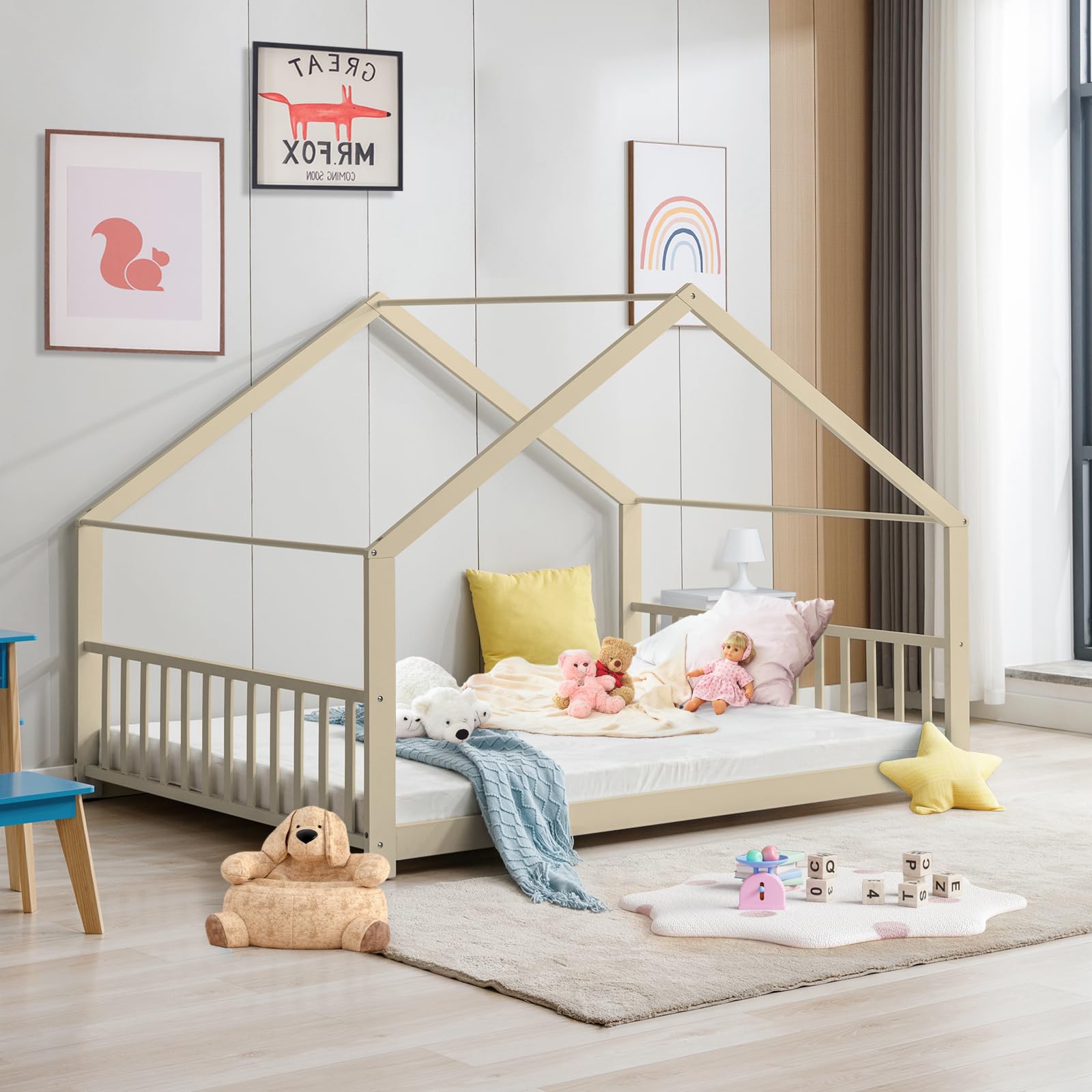 Montessori Floor Bed Full Size - Wooden House Bed Frame with Roof for Kids - Natural Wood Toddler Bed for Boys & Girls - Perfect for Bedrooms, Playrooms & Montessori Learning Spaces