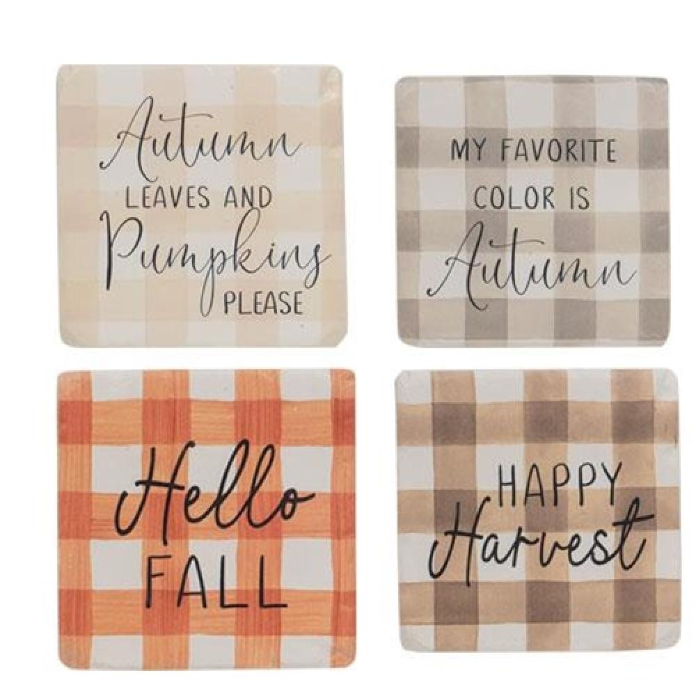 4-Piece Fall Gingham Resin Coaster Set - Rustic Farmhouse Drink Protectors for Coffee Tables, Dining Tables & Home Decor