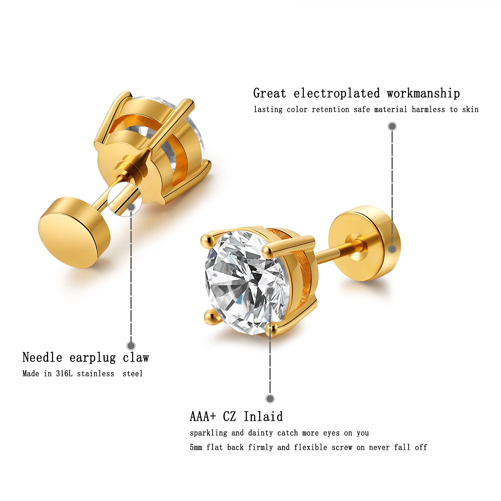 Kainier 14K Gold Plated Cubic Zirconia Stud Earrings for Women - 5 Pairs Round Simulated Diamond Earrings Set - Perfect for Daily Wear, Parties & Gift Giving