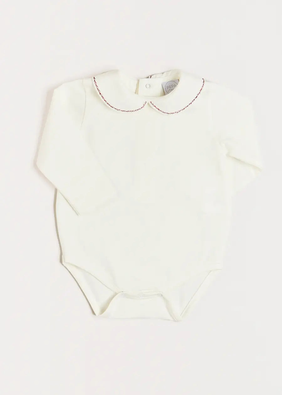 Embroidered Peter Pan Collar Long Sleeve Bodysuit for Baby Girls 1-36 Months - Soft Burgundy Cotton Romper for Newborn to Toddler | Perfect for Family Photos, Holiday Outfits & Everyday Wear