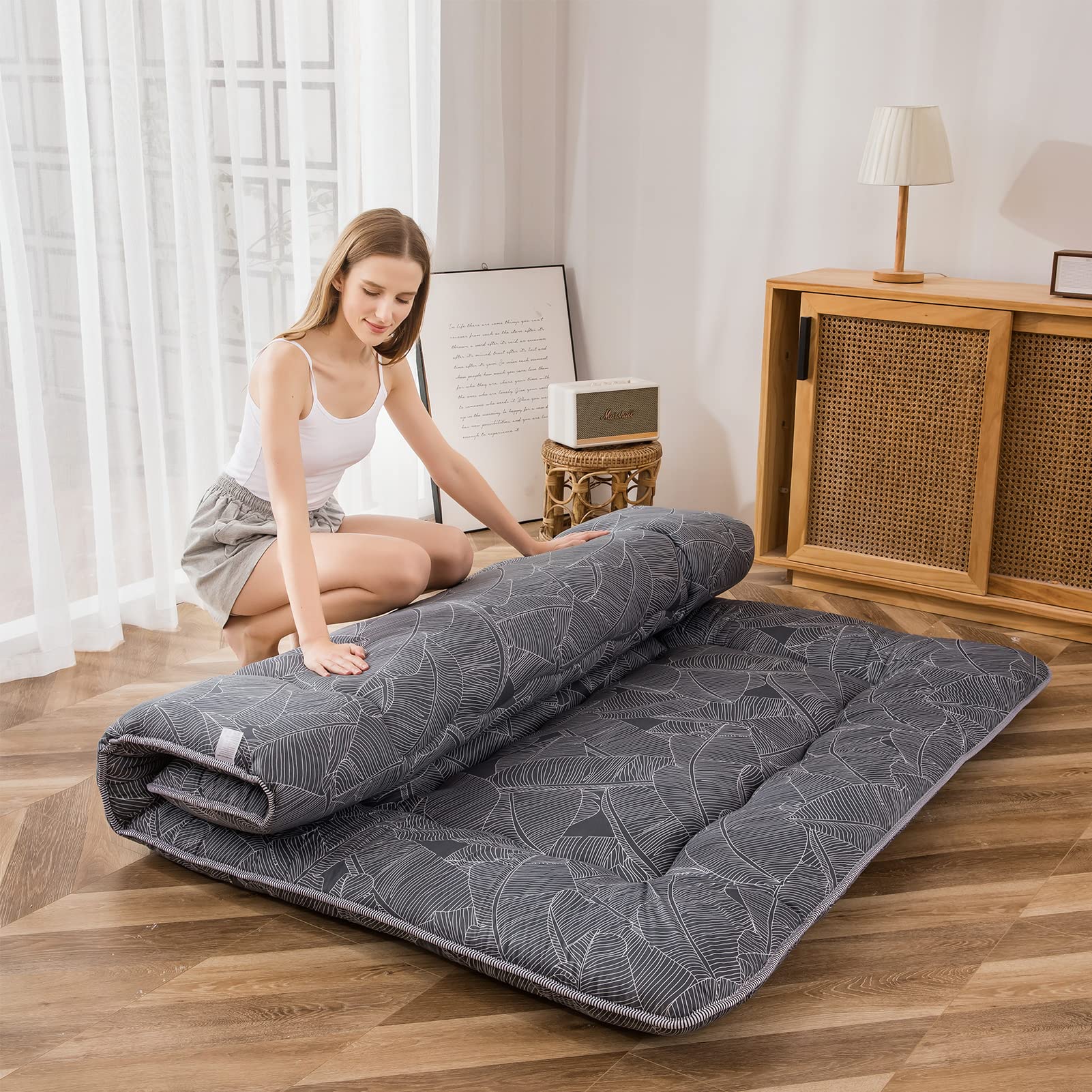 Japanese Thick Soft Floor Futon Mattress - Roll Up Sleeping Pad for Guest Room, Camping & Lounging - Twin Size Black Leaf Design - Comfortable for Home, Travel & Outdoor Use
