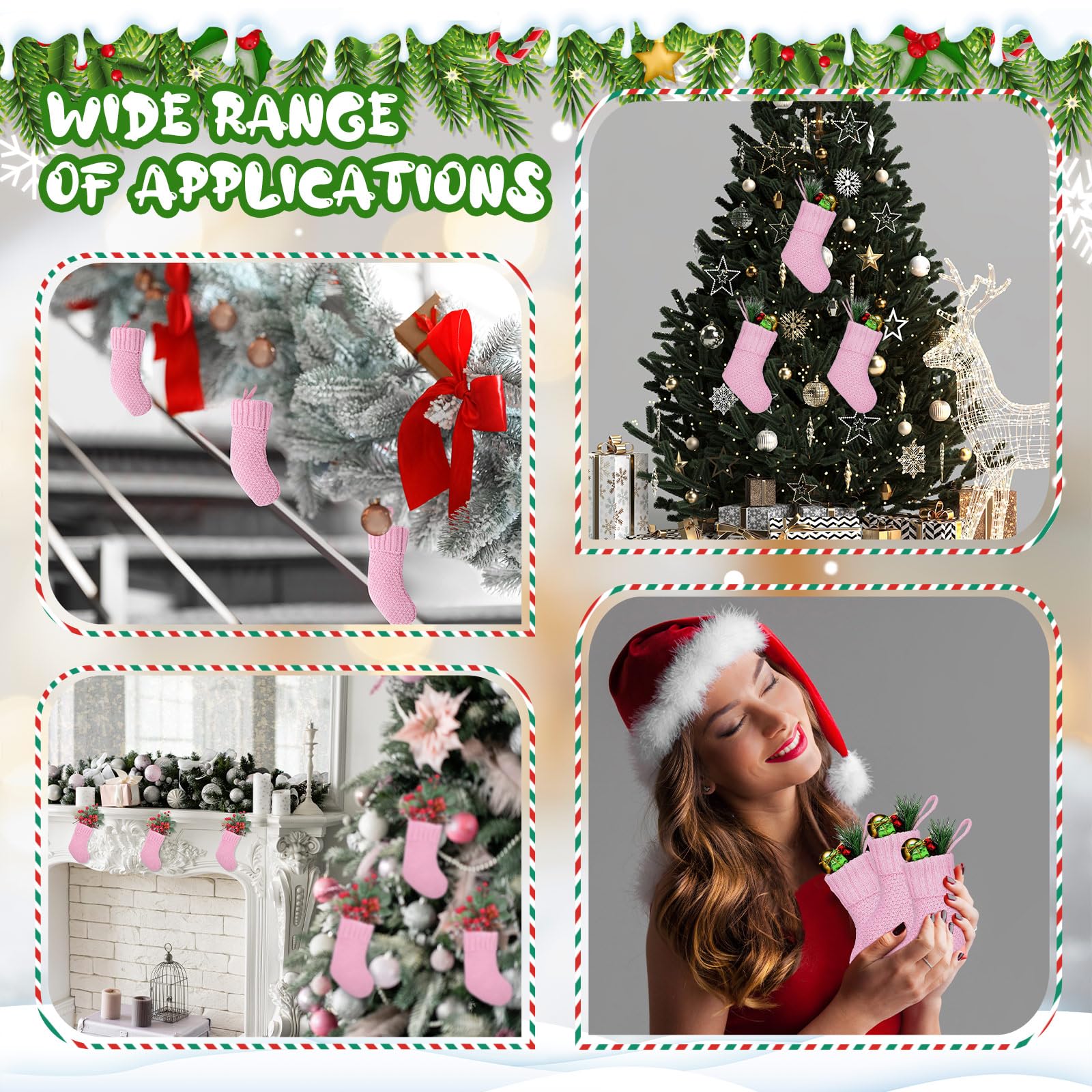 24 Pcs 7 Inch Knit Christmas Stockings - Rustic Farmhouse Cable Knit Mini Stocking Decorations for Xmas Tree Hanging, Gift Exchange & Holiday Party Decor (Pink) - Perfect for Fireplace Mantel, Staircase & Christmas Village Displays