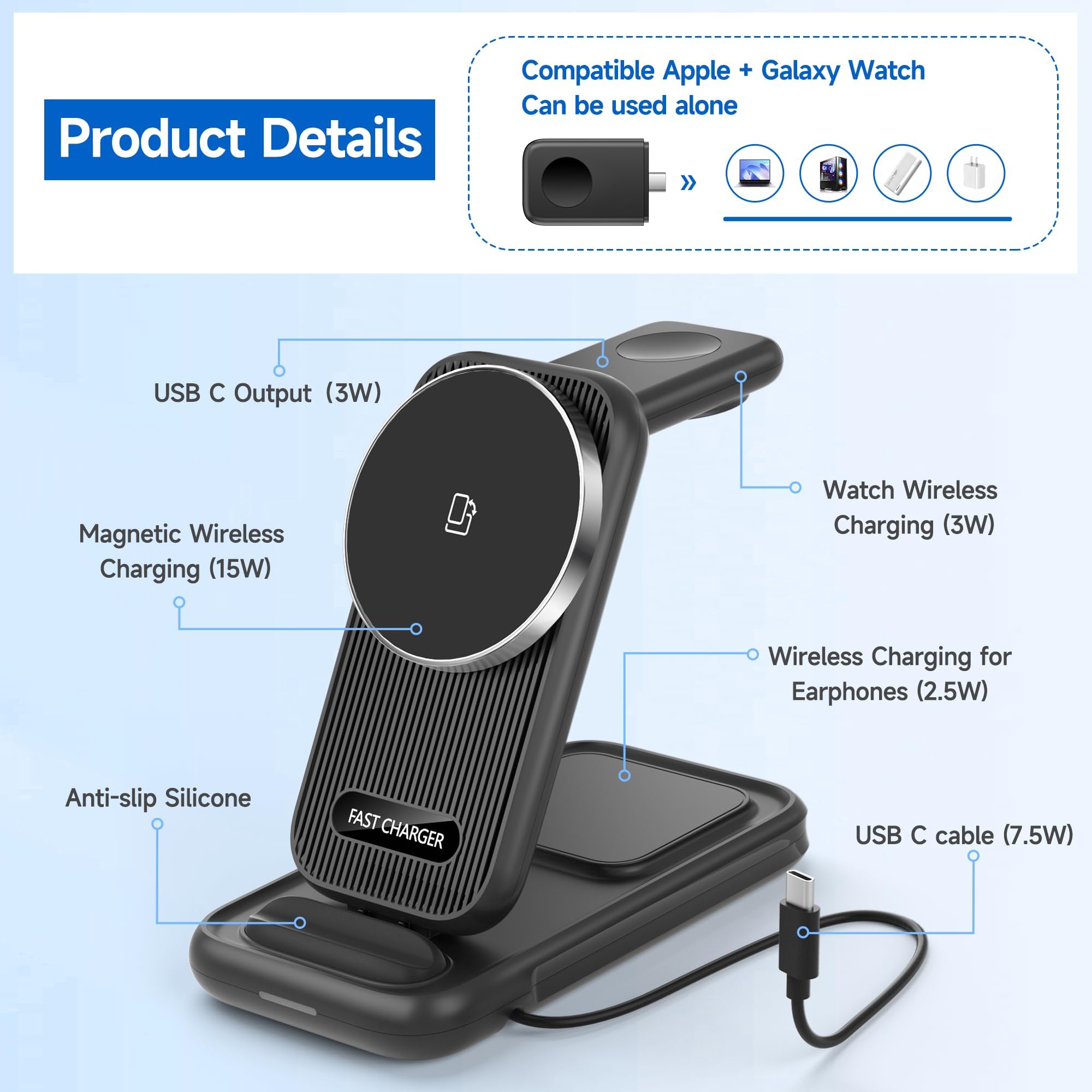 4-in-1 Mag-Safe Wireless Charging Station - 24W Fast Charger for iPhone 15/14/13/12/Pro Max, Apple Watch, AirPods Pro & Samsung Galaxy S24/S23, Watch, Buds | Perfect for Home, Office & Travel Charging Needs