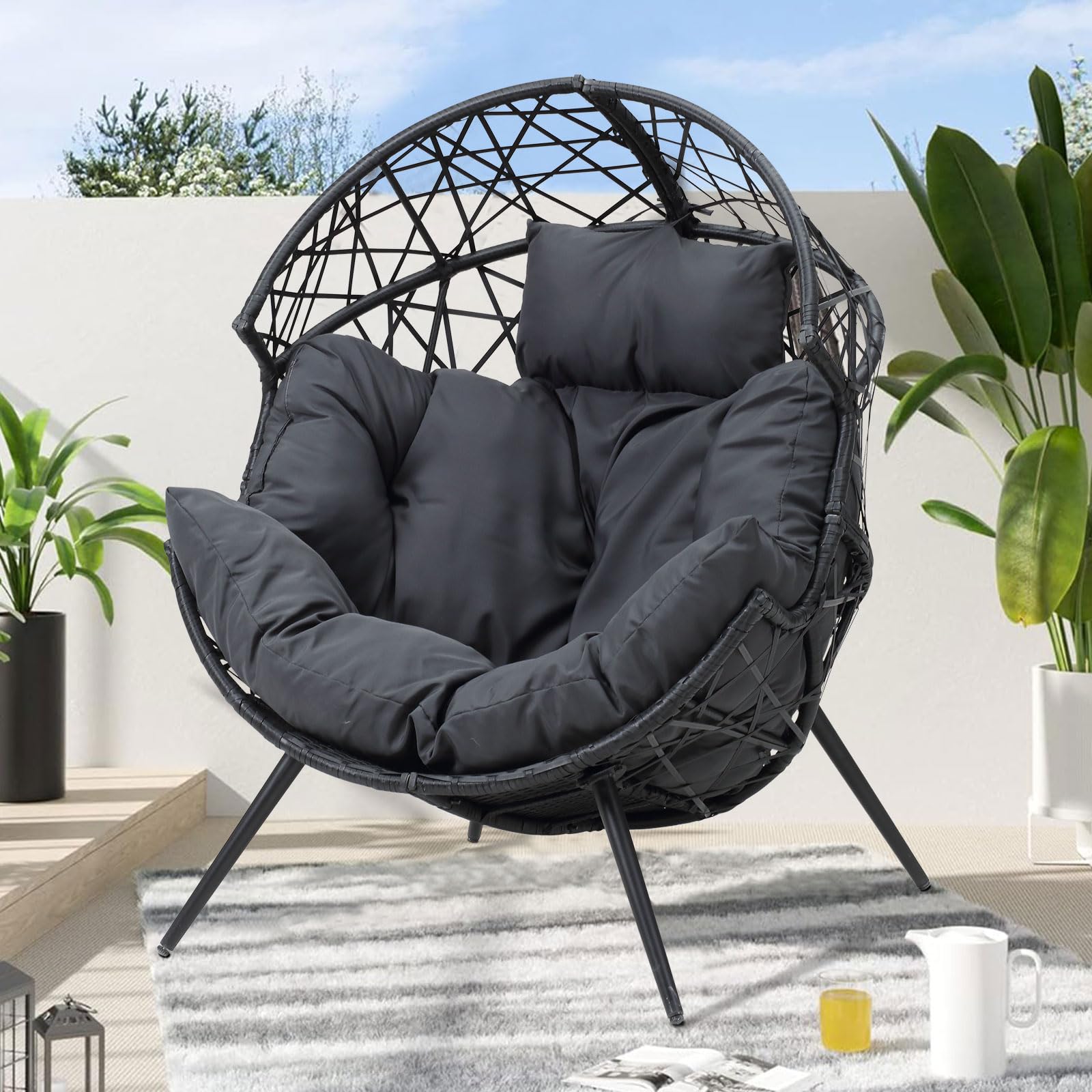 Outdoor & Indoor Egg Chair - Wicker Basket Lounger with Cushion & Stand - Dark Gray - Perfect for Living Room, Patio, Backyard, and Garden Relaxation