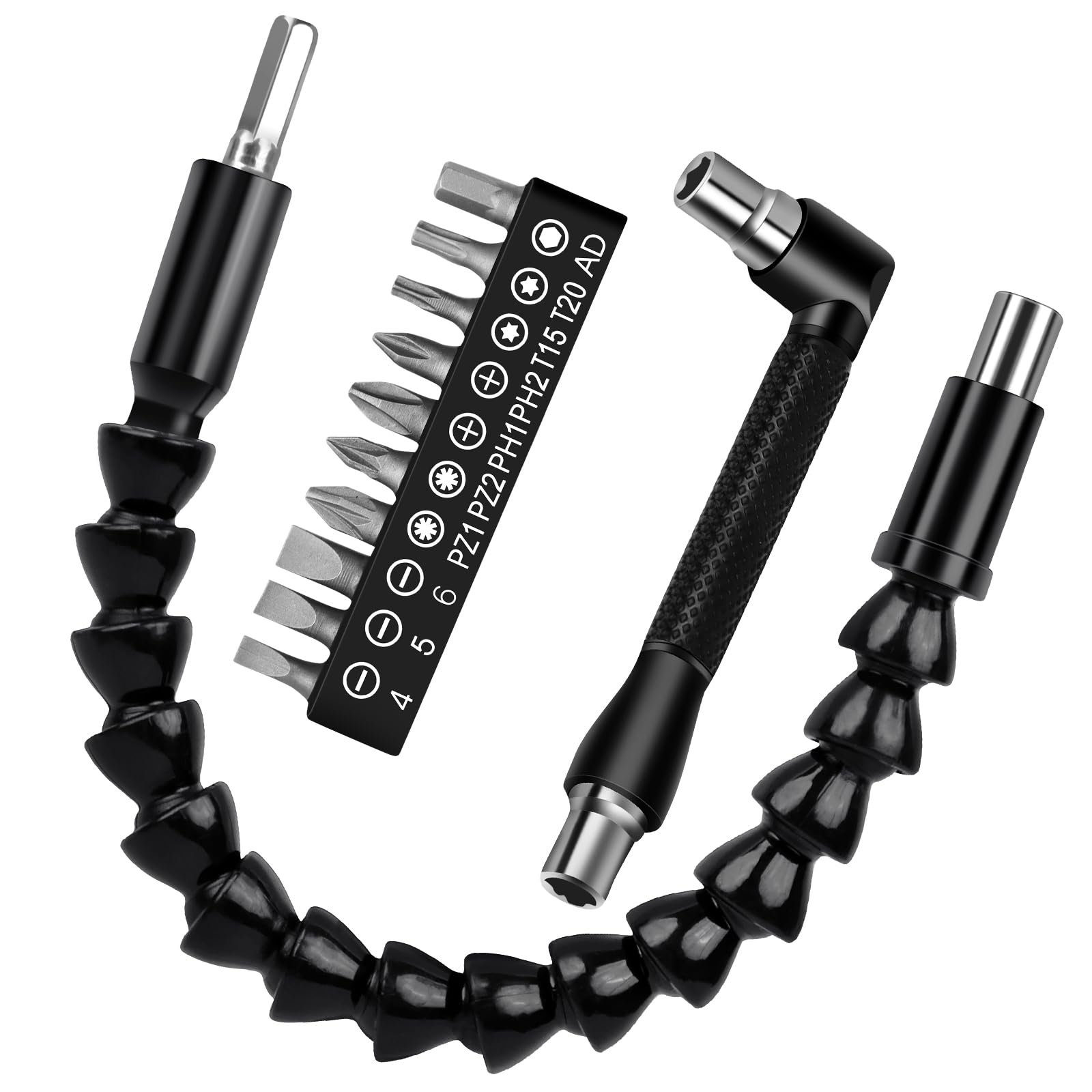 Flexible Drill Bit Extension - 11.6 Inch Right Angle Drill Attachment with Screwdriver Bit Set | 1/4