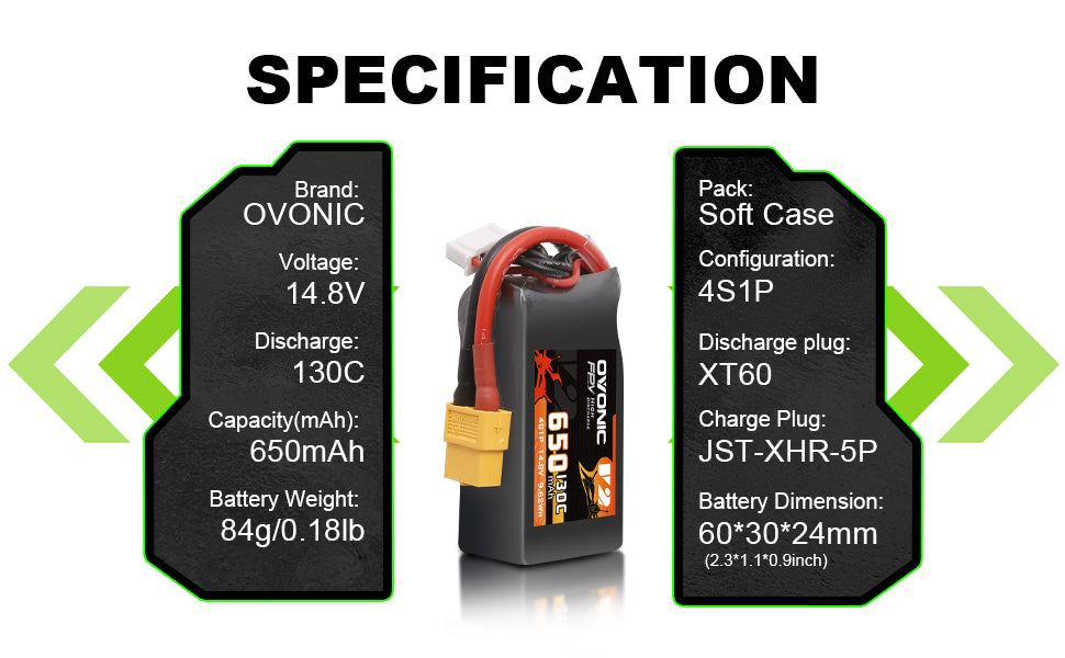 Ovonic 4S 14.8V 650mAh 130C LiPo Battery with XT60 Plug - High Performance for 3-4 Inch FPV Racing Drones, Toothpick Drones & RC Models - Perfect for Long Flight Time and Intense Racing Sessions