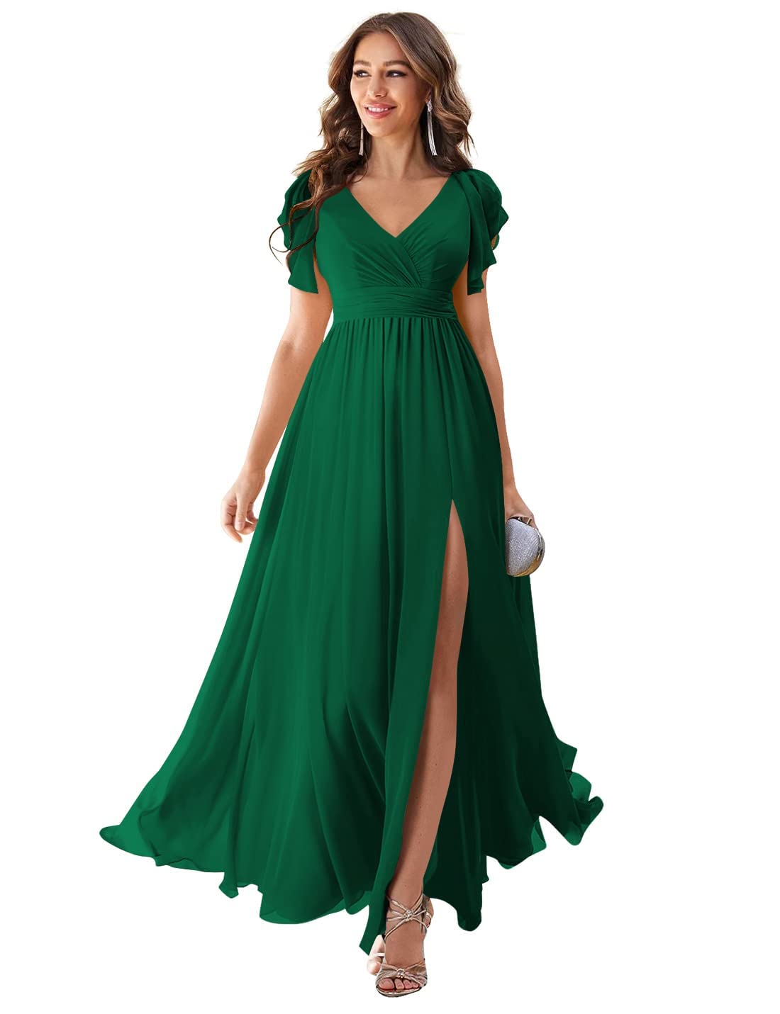 Plus Size Bridesmaid Dresses for Women - Big & Tall Ruffle Chiffon Long Evening Gown in Formal Emerald Green (US22W) - Perfect for Weddings, Proms & Special Occasions