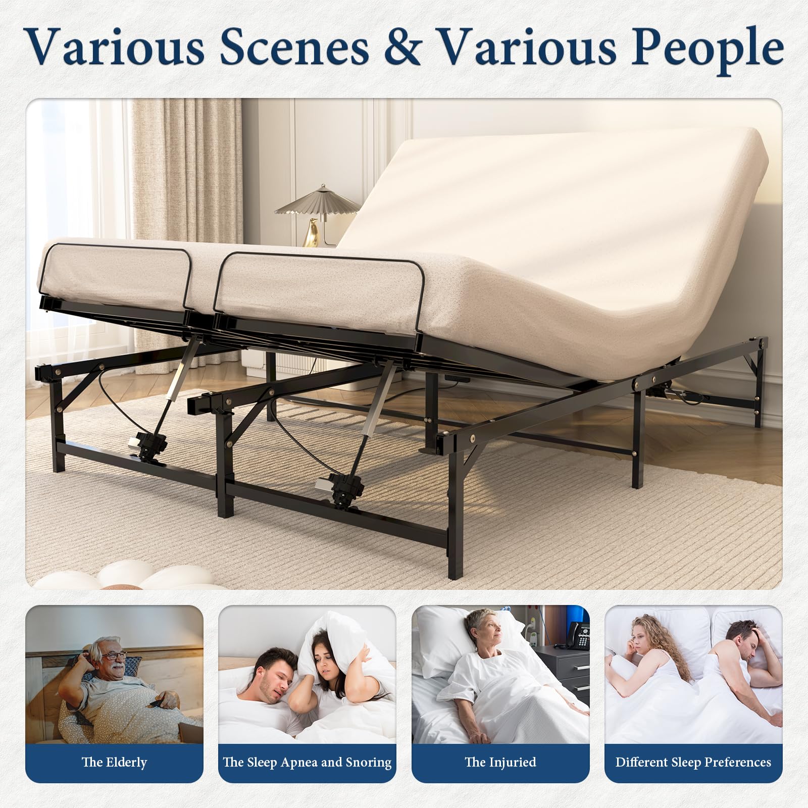 Queen Size Adjustable Bed Frame with Remote Control - 4 Quiet Motors for Head & Leg Adjustment, Reduces Snoring & Pain Relief - Perfect for Home, Hospital & Recovery Use
